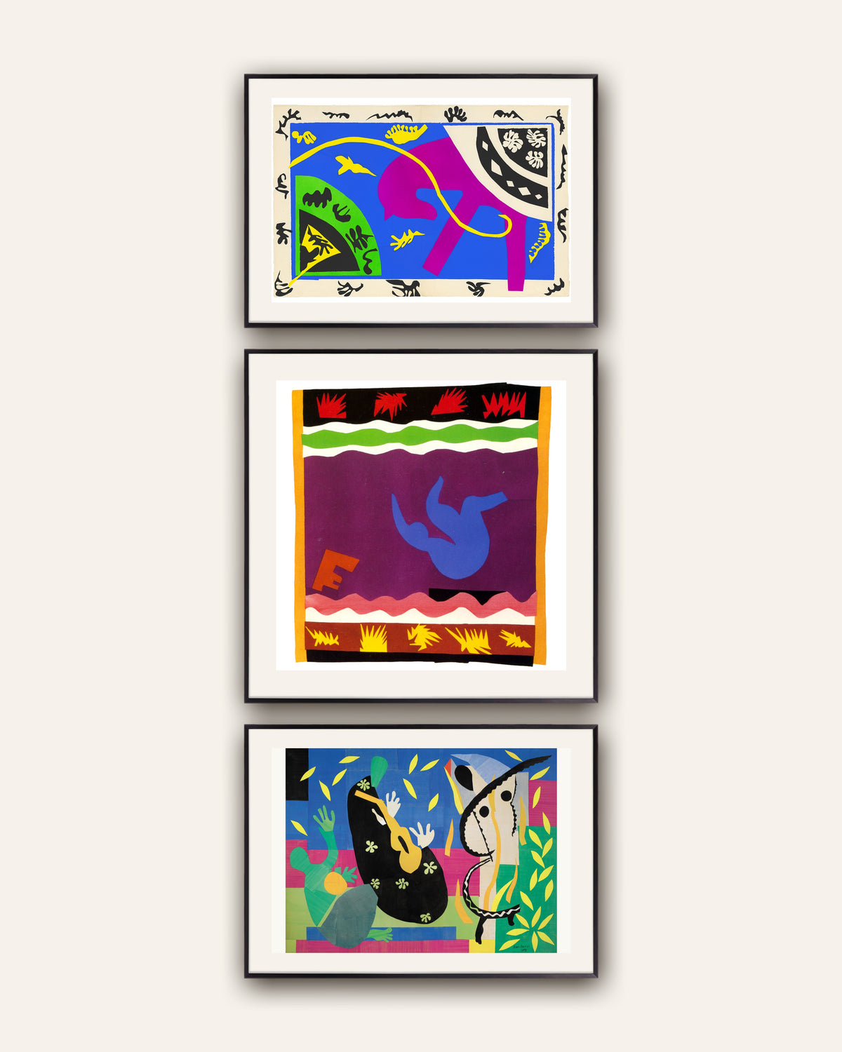 Pósters de Matisse, conjunto de 3: Caballo, jinete y payaso, El tobogán, La tristeza del rey, con marcos de metal negro