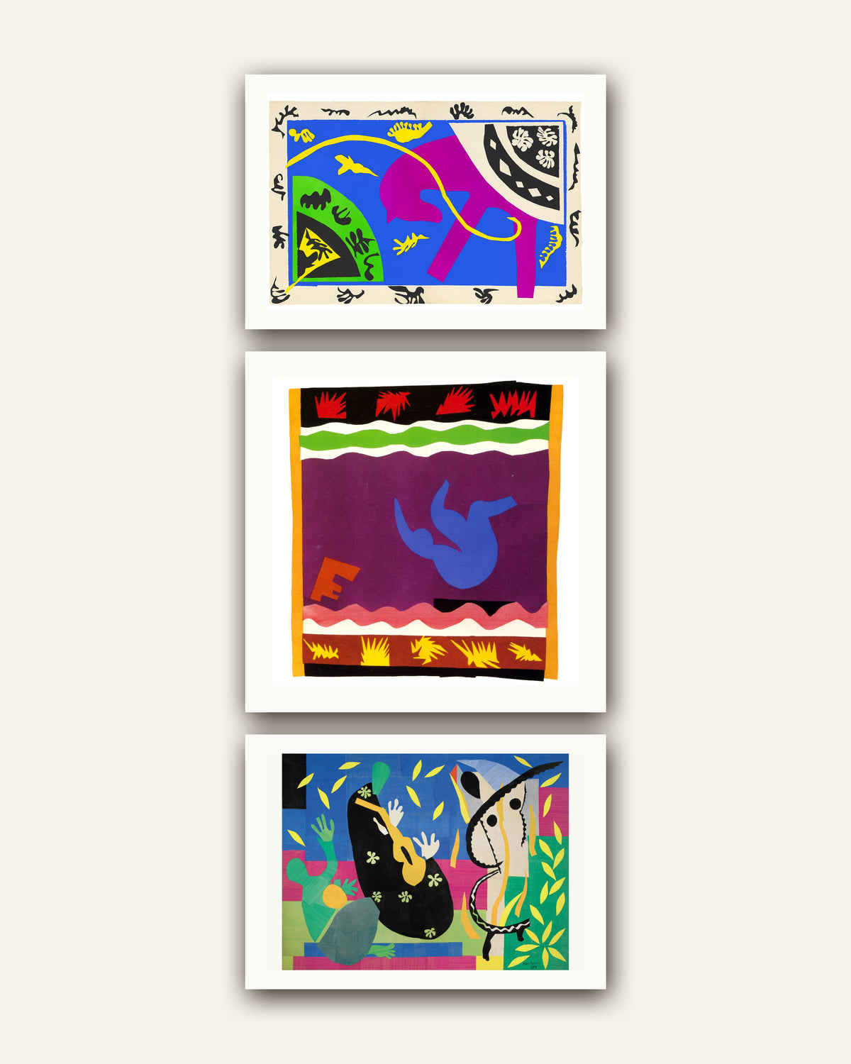 Pósters de Matisse, conjunto de 3: Caballo, jinete y payaso, El tobogán, La tristeza del rey, sin marco