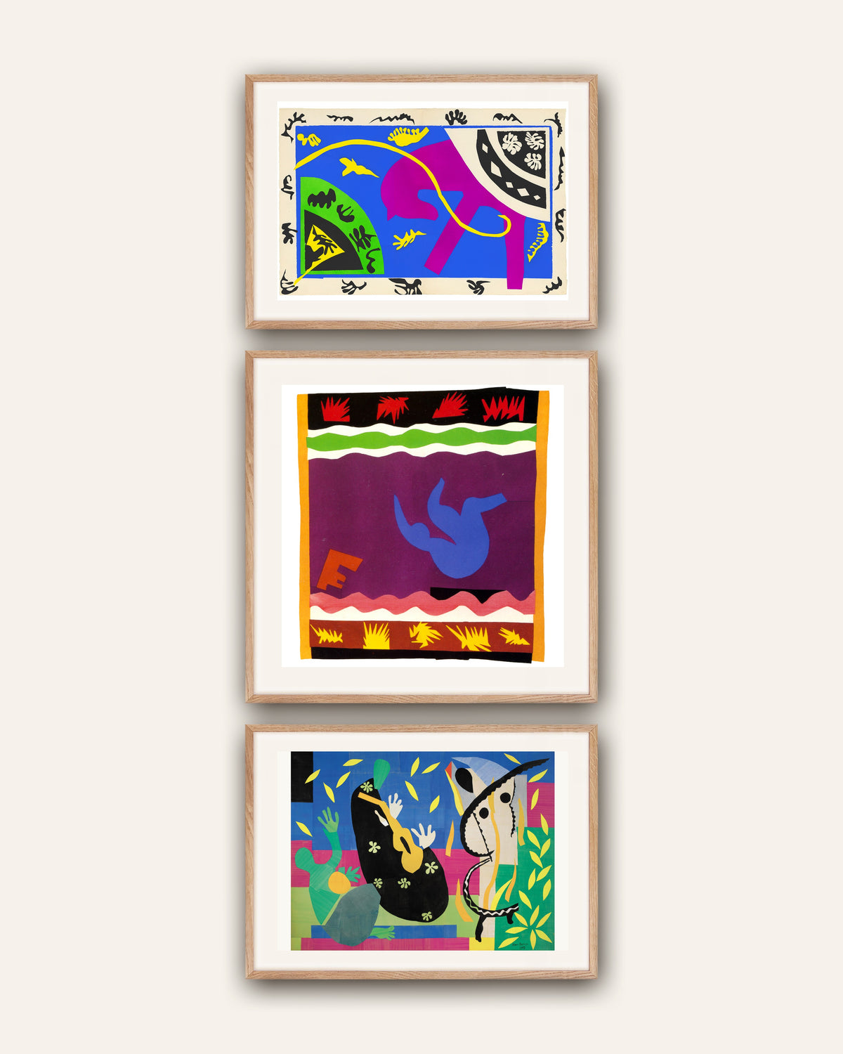 Pósters de Matisse, conjunto de 3: Caballo, jinete y payaso, El tobogán, La tristeza del rey, con marcos de roble natural