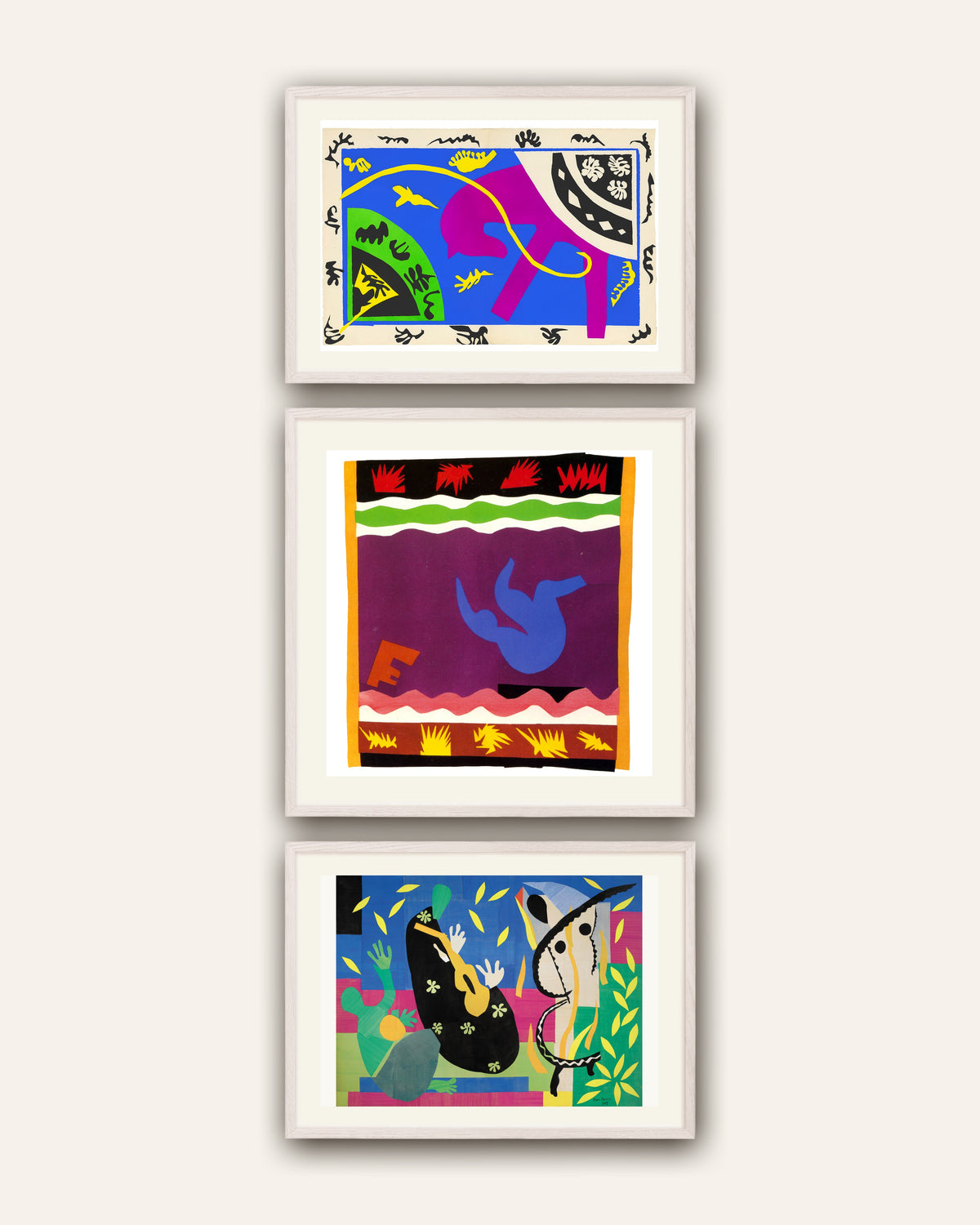 Pósters de Matisse, conjunto de 3: Caballo, jinete y payaso, El tobogán, La tristeza del rey, con marcos de roble blanco