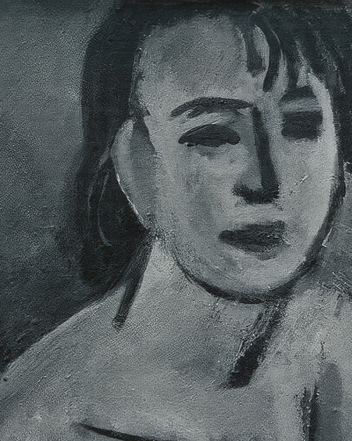 Un retrato pintado en monocromo del rostro y la parte superior de los hombros de una mujer, realizado con pinceladas en escala de grises sobre un fondo gris oscuro.