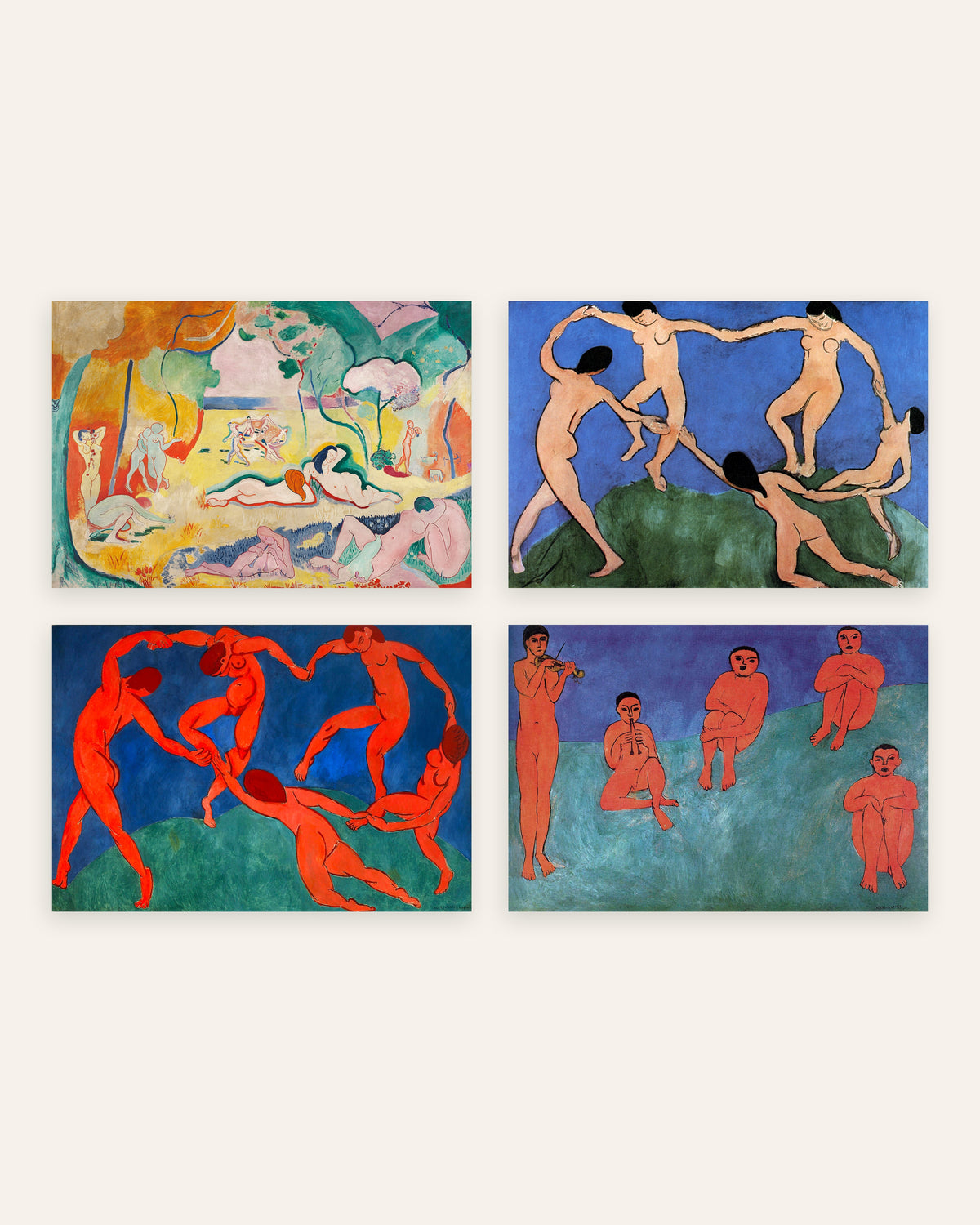 Pósters de Matisse, conjunto de 4: La alegría de vivir, La danza I y II y Música, sin marco