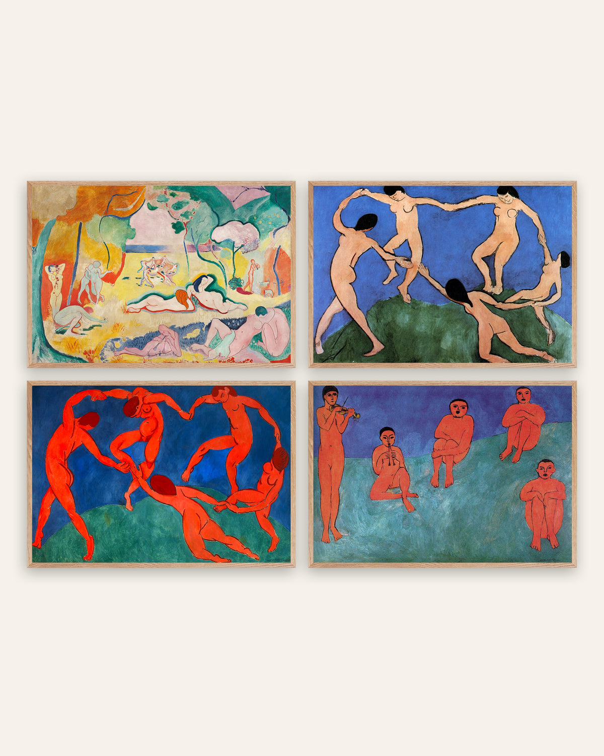 Pósters de Matisse, conjunto de 4: La alegría de vivir, La danza I y II y Música, con marcos de roble natural