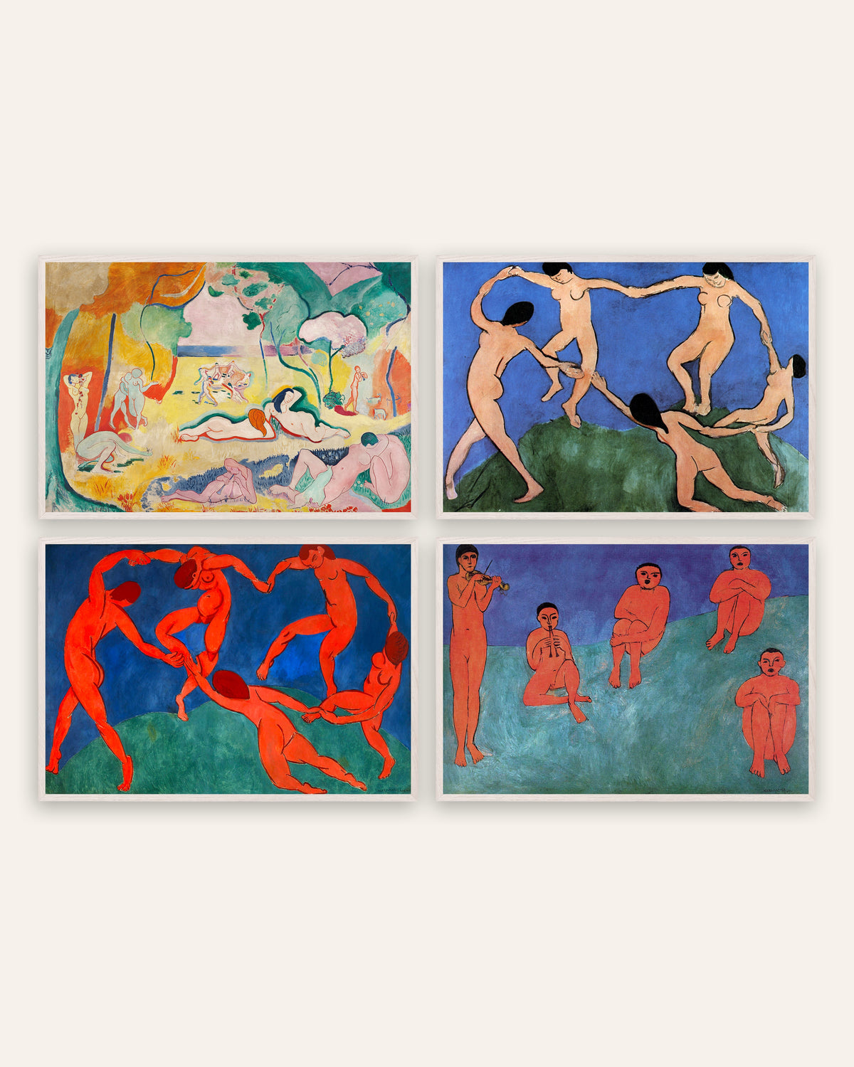 Pósters de Matisse, conjunto de 4: La alegría de vivir, La danza I y II y Música, con marcos de roble blanco