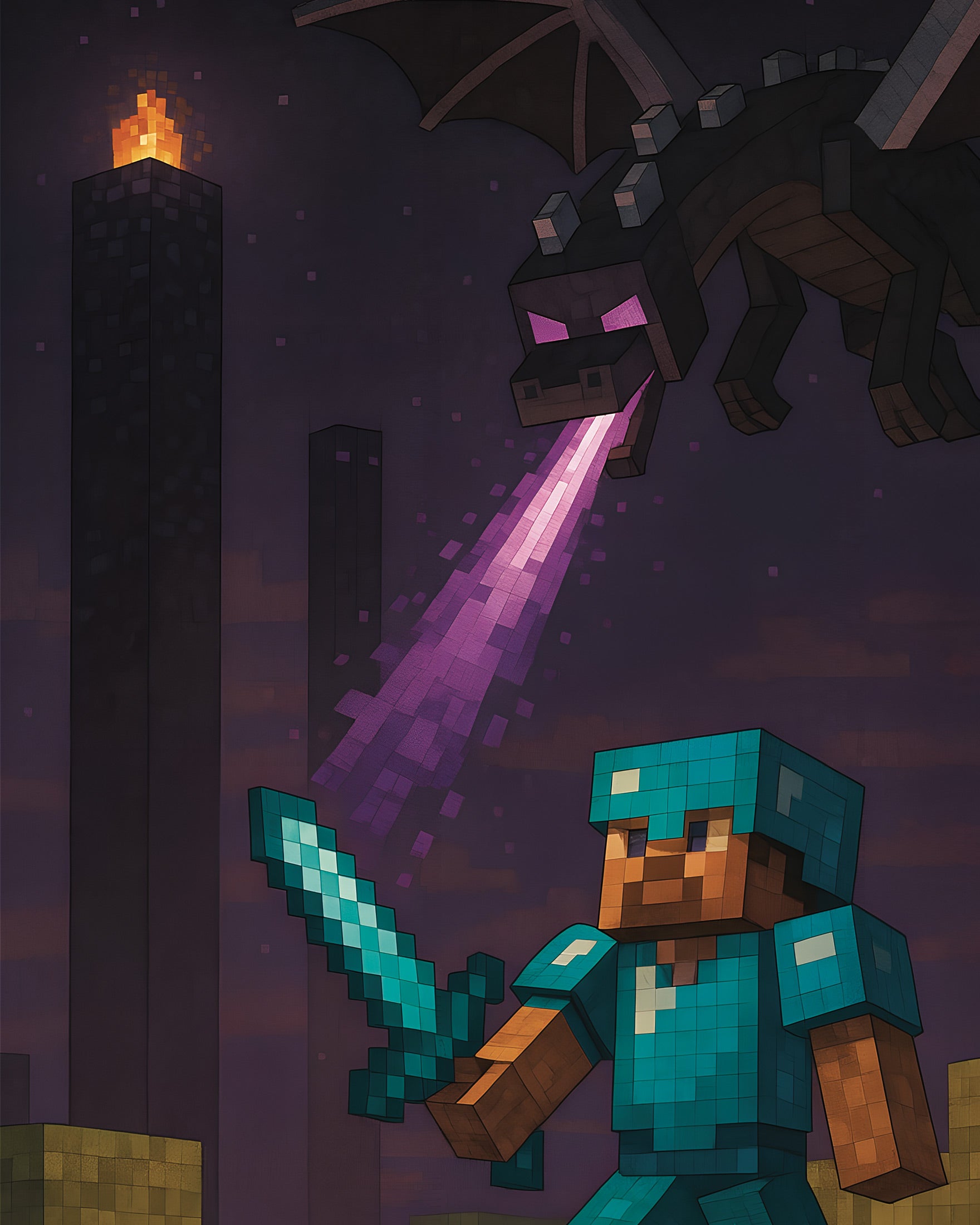 Batalla contra el Dragón Ender de Minecraft – póster caballero vs. dragón