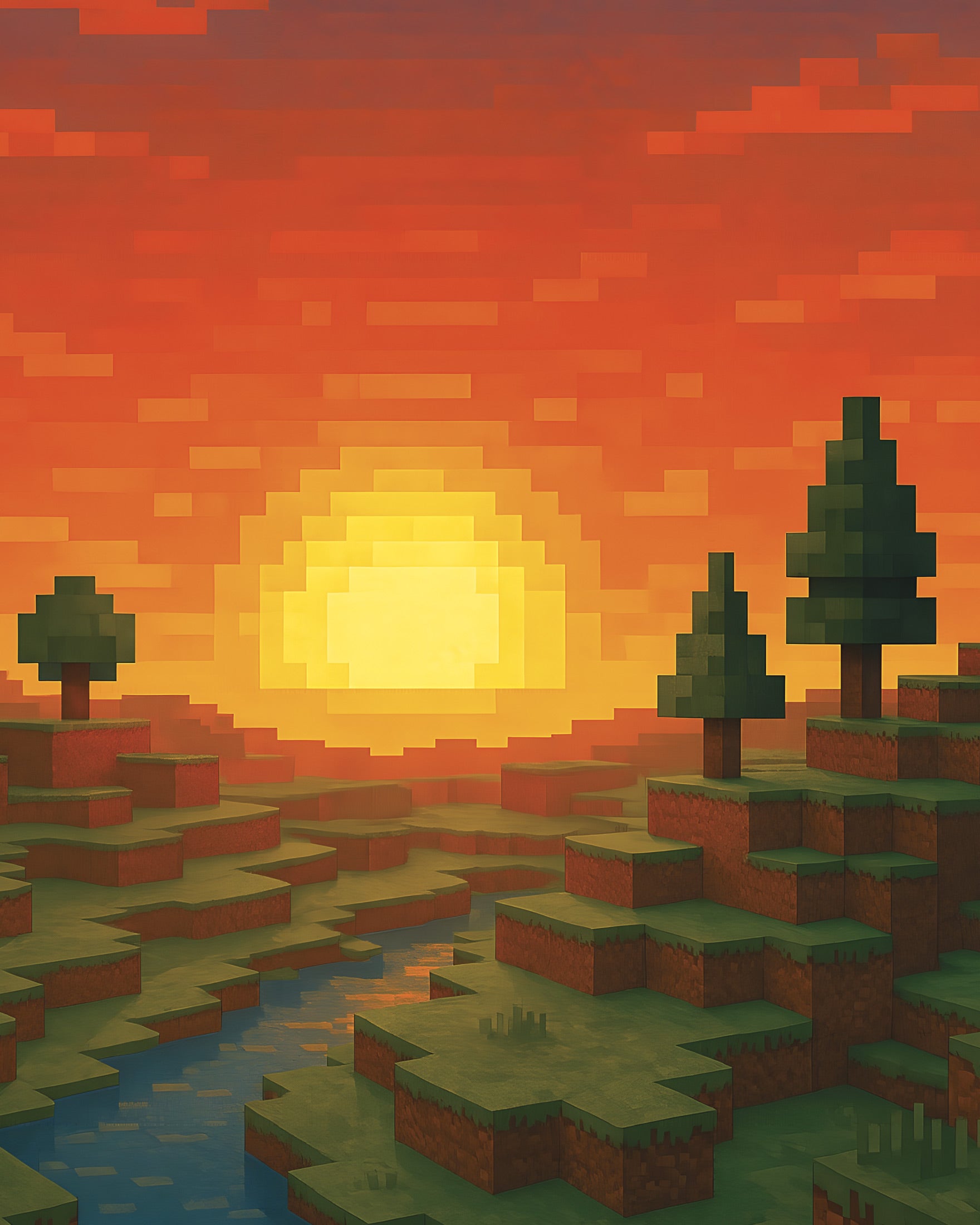 Minecraft Sunset – póster fan de pixel art con río y árboles