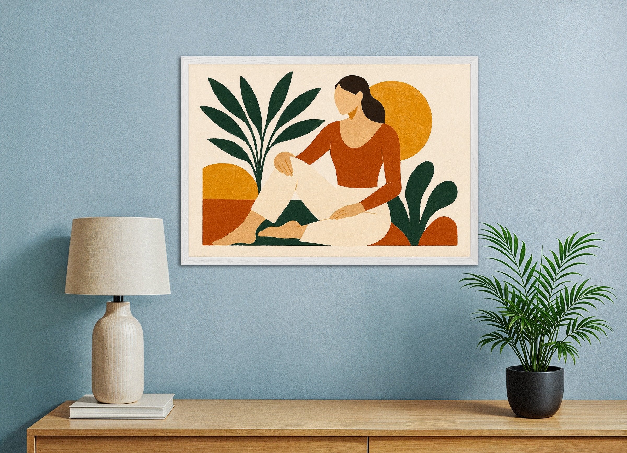 Poster of Modern Odalisque – abstract female figure with plants, with white wooden frame