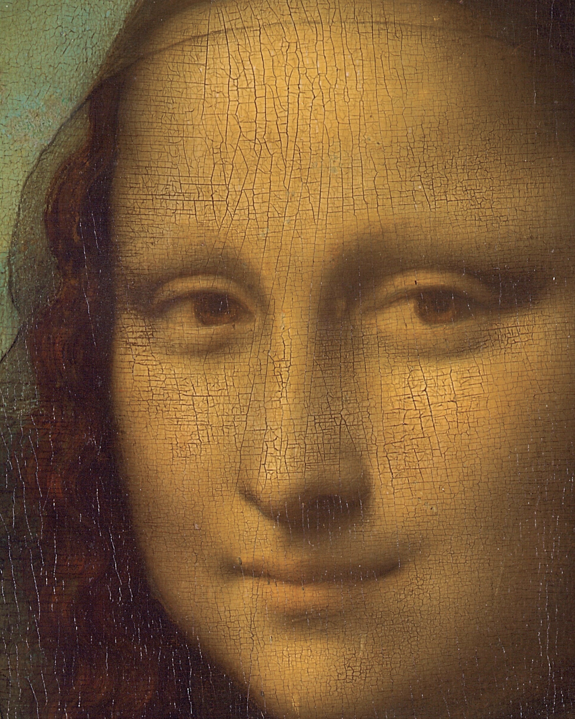 Close-up of a painted portrait of Mona Lisa by Da Vinci with visible crackle texture, showing part of a face with dark brown hair against a muted blue and gold background.
