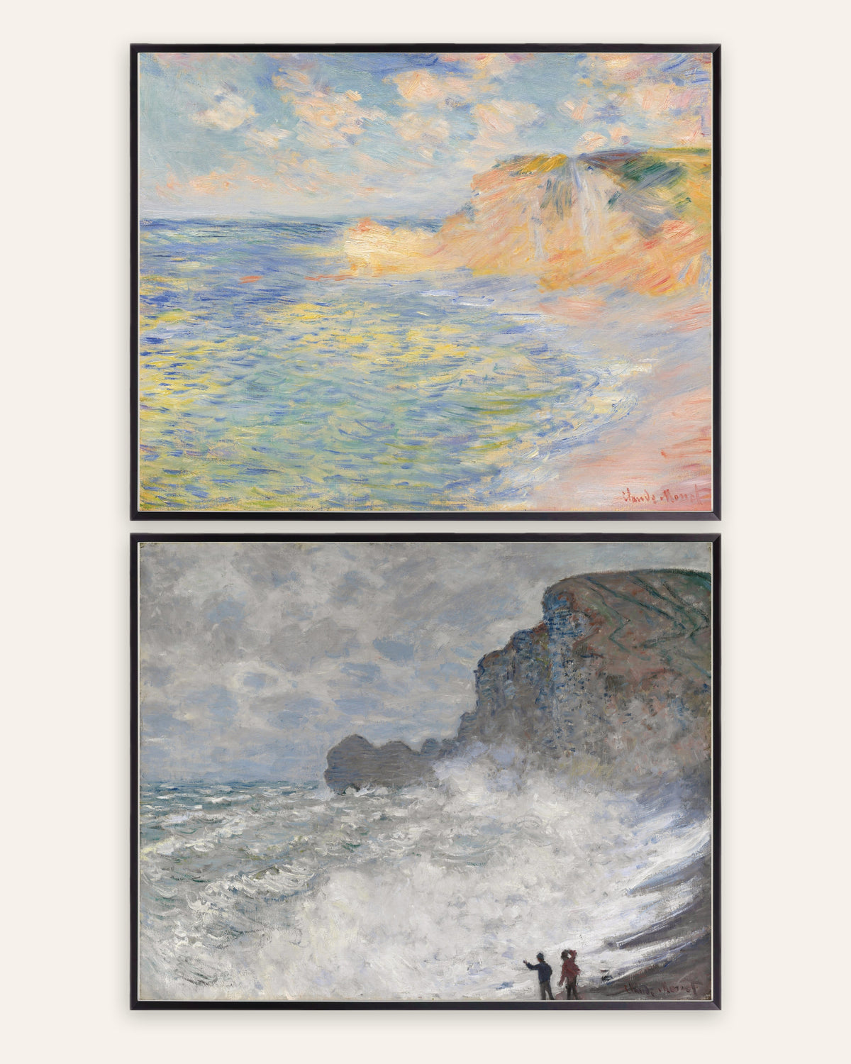 Pósters de Monet, conjunto de 2: Étretat, Falaise d’Amont y temporal, con marcos de metal negro