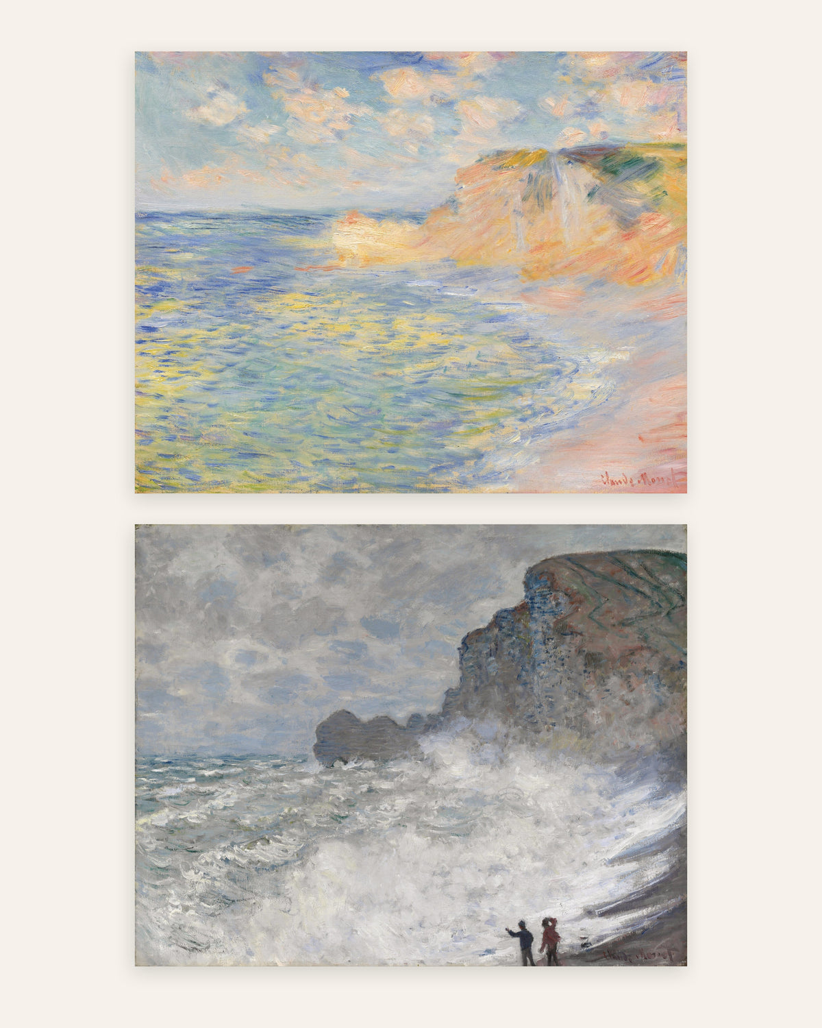 Pósters de Monet, conjunto de 2: Étretat, Falaise d’Amont y temporal, sin marco