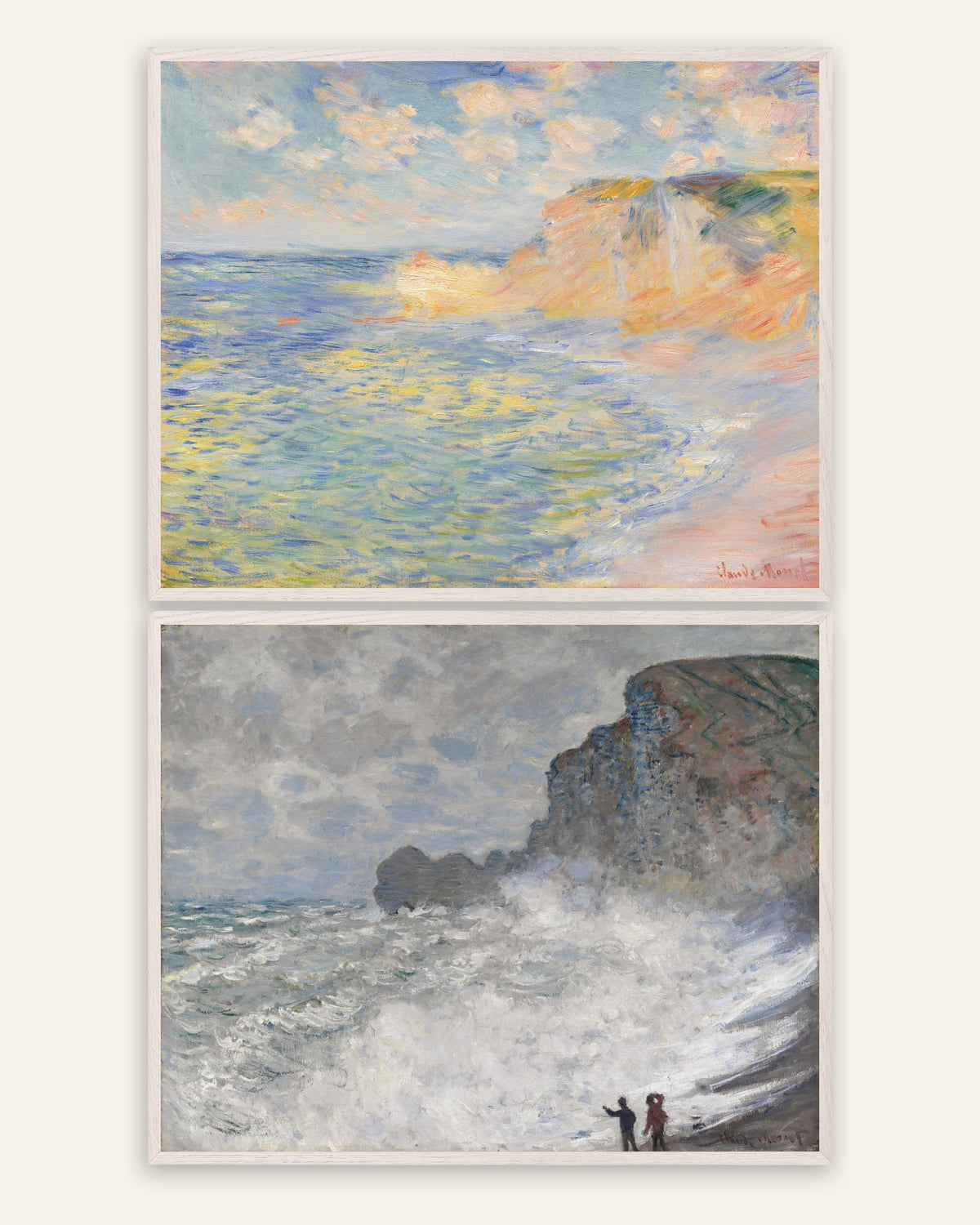 Pósters de Monet, conjunto de 2: Étretat, Falaise d’Amont y temporal, con marcos de roble blanco