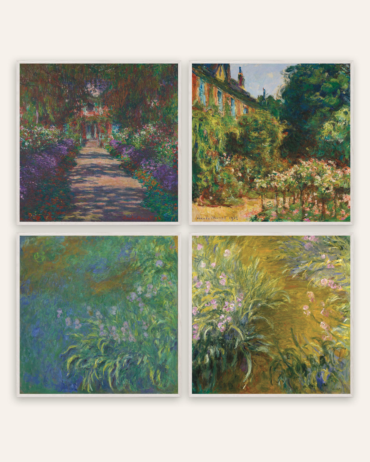 Pósters de Monet, conjunto de 4: el jardín de Giverny, sendero, casa y lirios, con marcos de roble blanco
