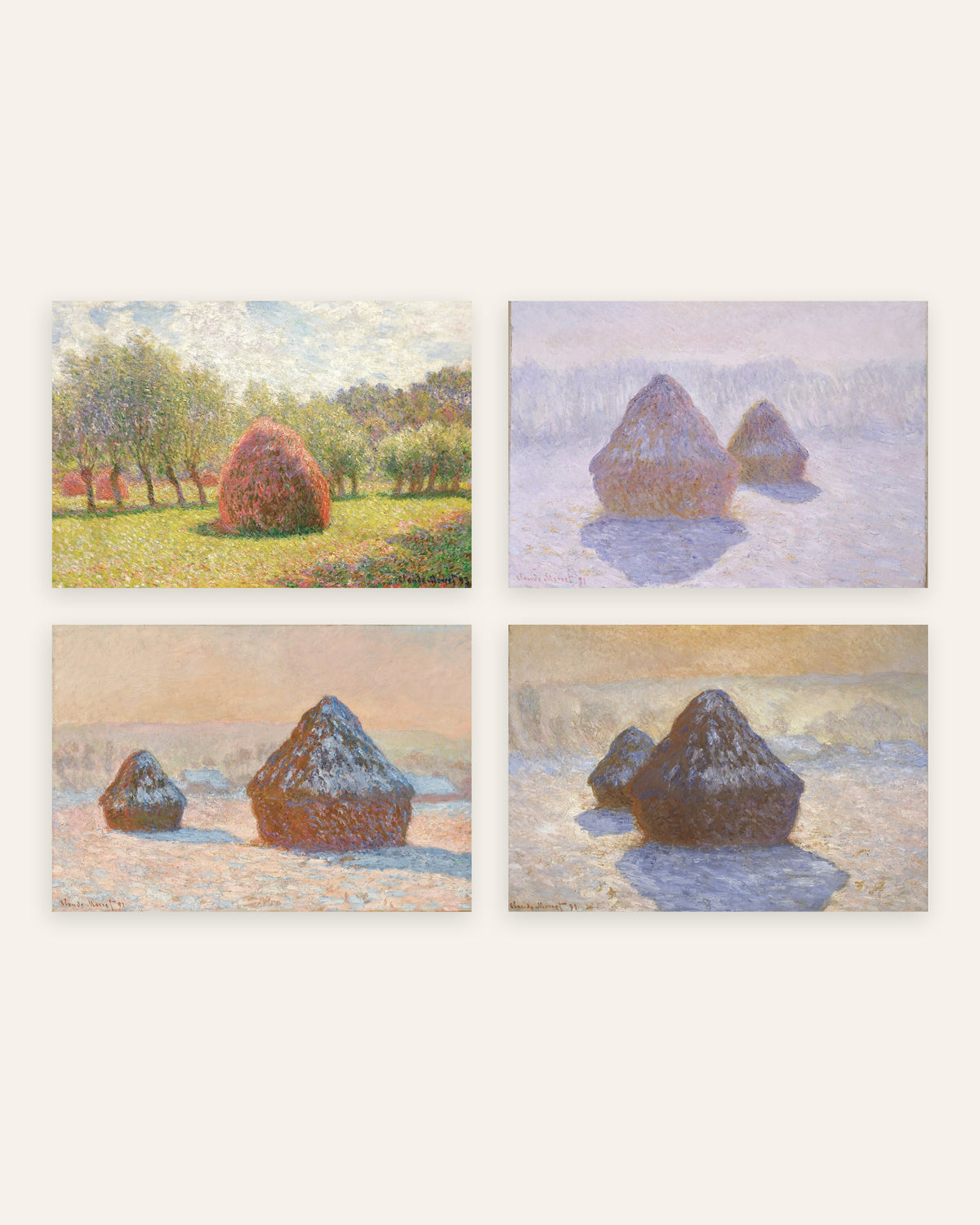 Pósters de Monet, conjunto de 4: almiares, del verano a la nieve, sin marco
