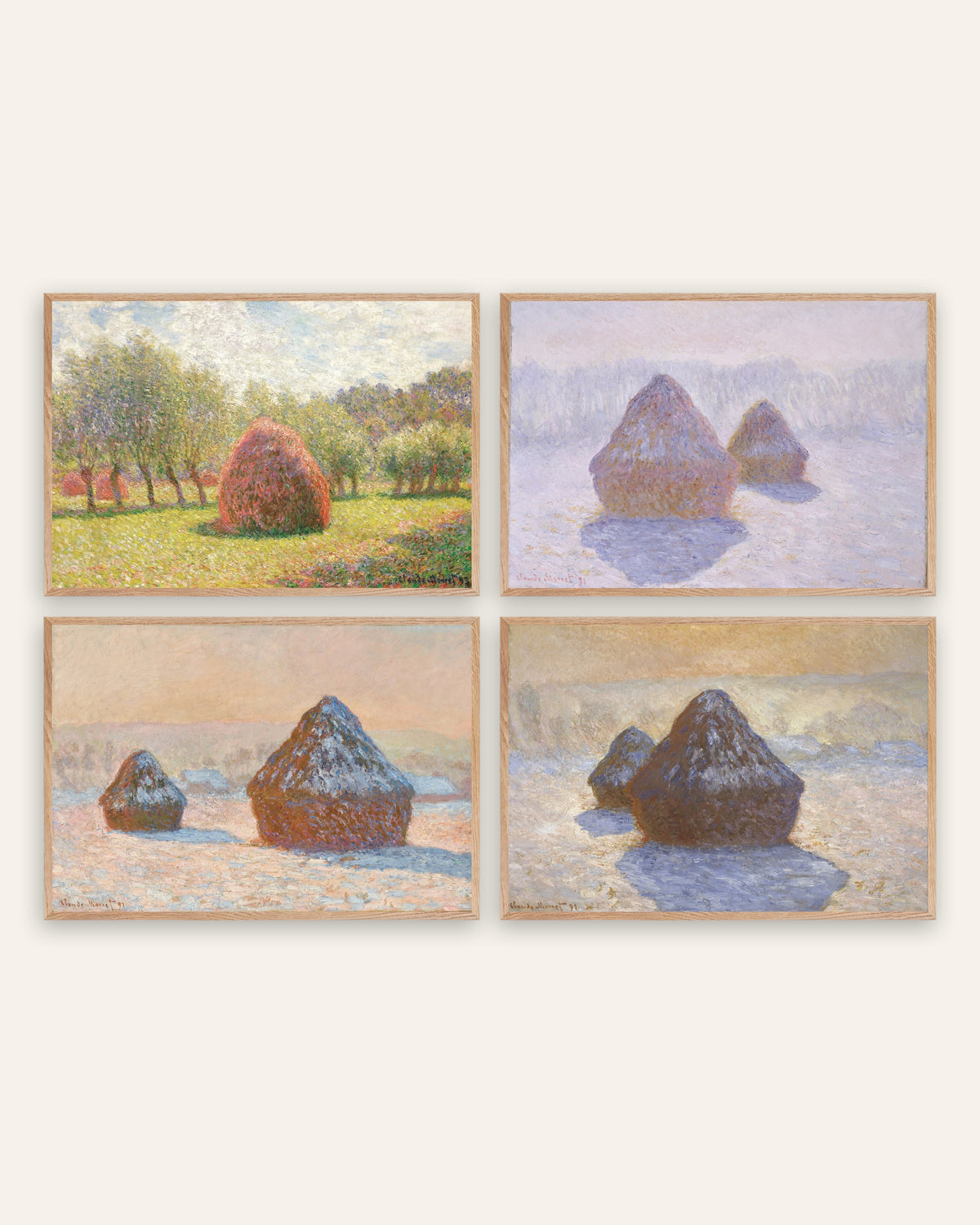 Pósters de Monet, conjunto de 4: almiares, del verano a la nieve, con marcos de roble natural