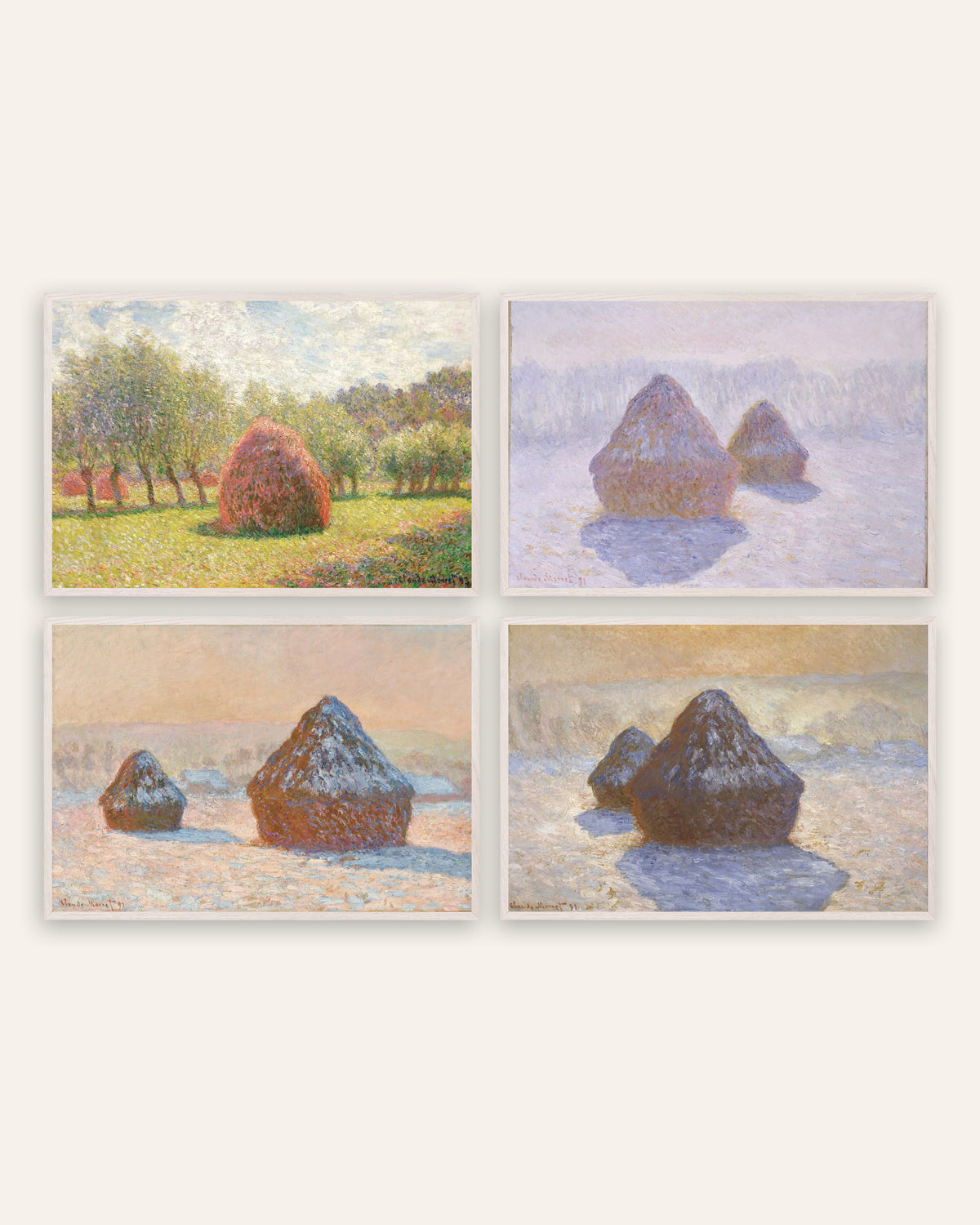Pósters de Monet, conjunto de 4: almiares, del verano a la nieve, con marcos de roble blanco