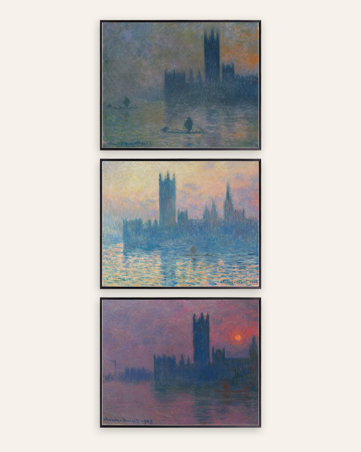 Pósters de Monet, conjunto de 3: el Parlamento de Londres, niebla y puesta de sol, con marcos de metal negro