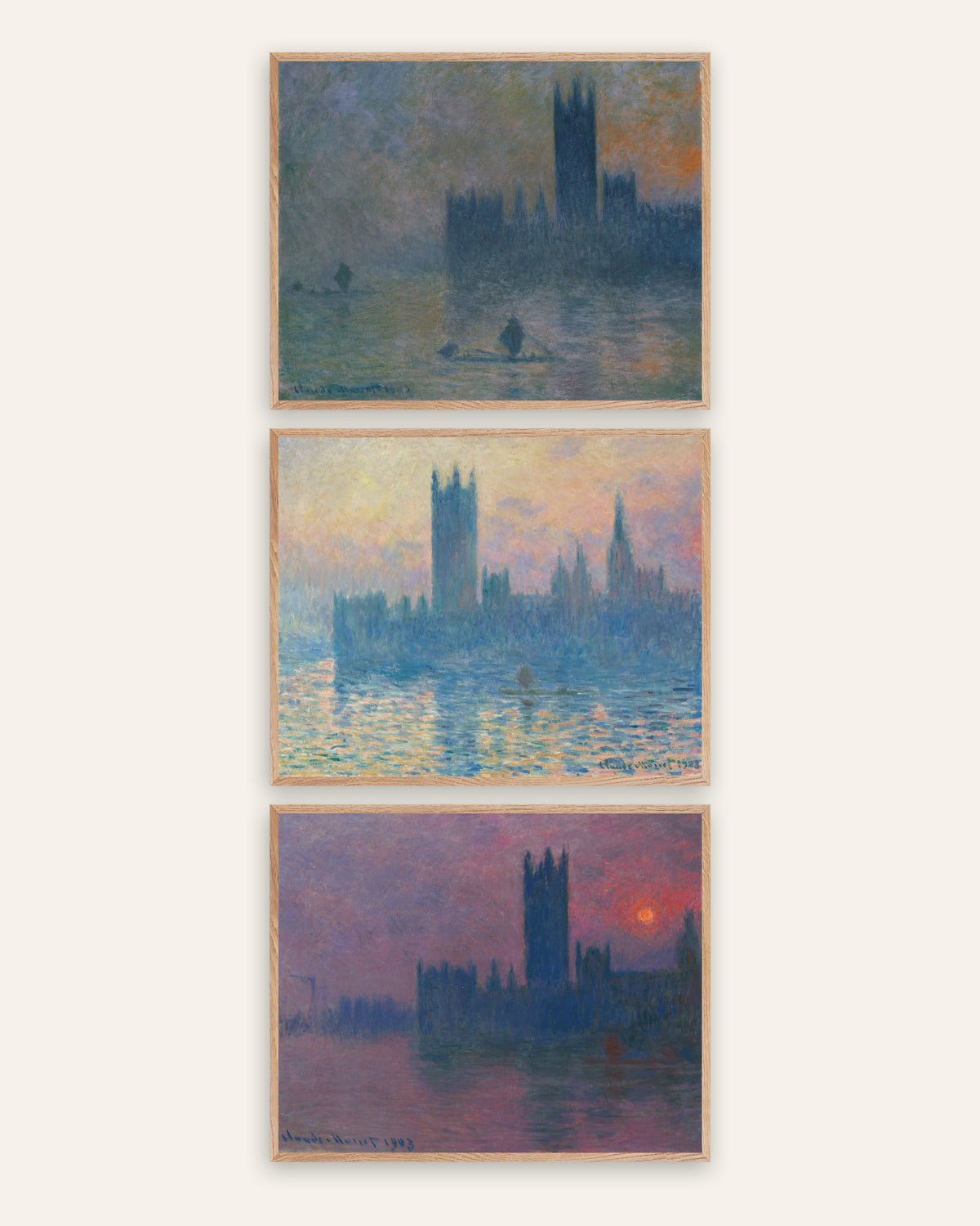 Pósters de Monet, conjunto de 3: el Parlamento de Londres, niebla y puesta de sol, con marcos de roble natural