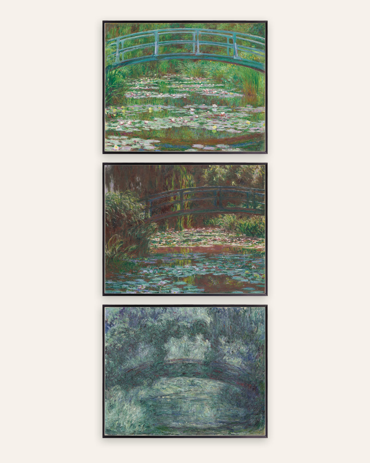 Pósters de Monet, conjunto de 3: el puente japonés de Giverny, de 1899 a 1924, con marcos de metal negro
