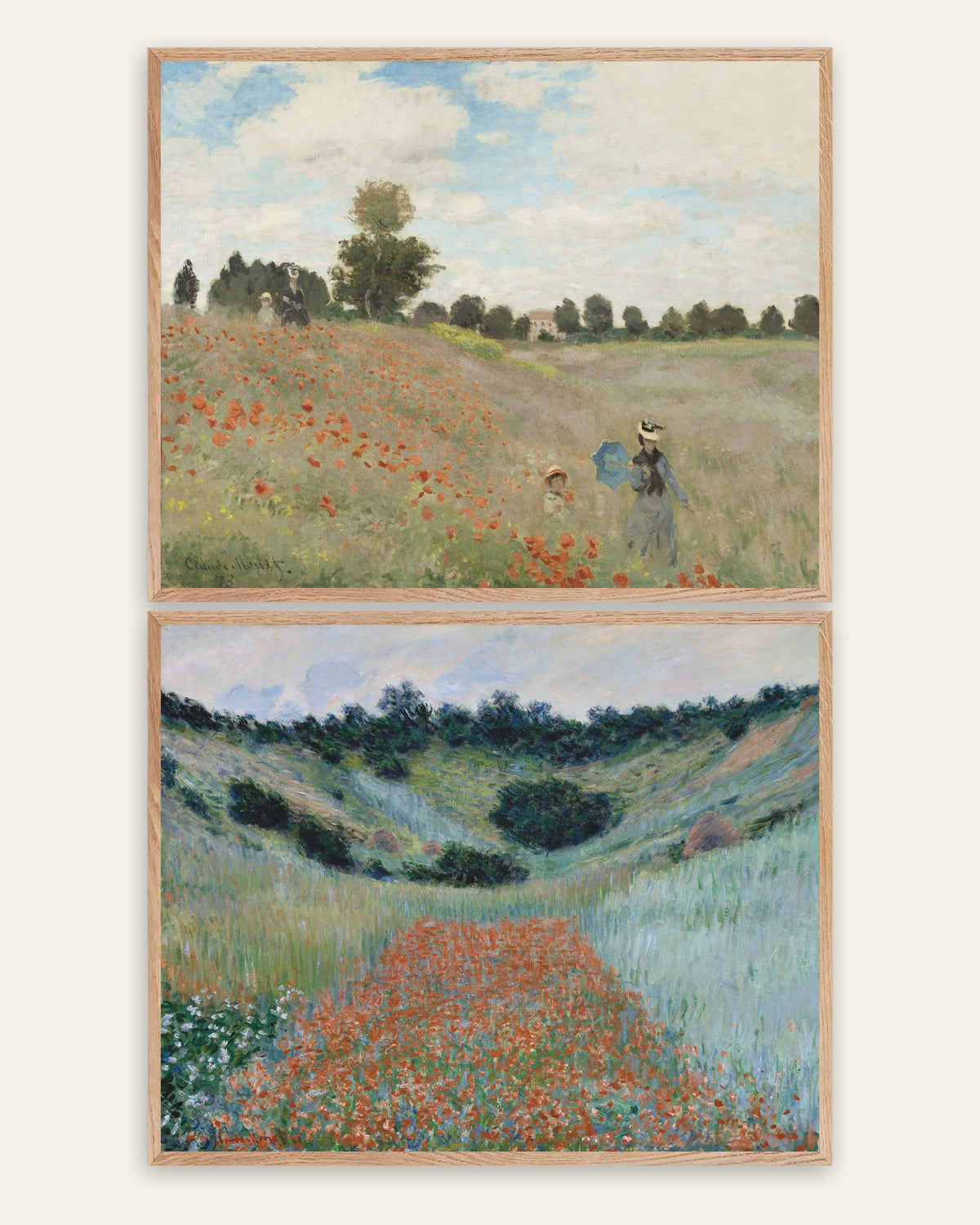 Pósters de Monet, conjunto de 2: amapolas de Argenteuil y Giverny, con marcos de roble natural