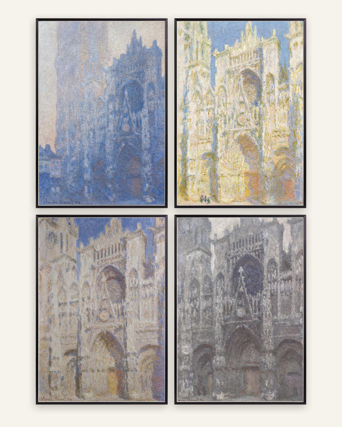 Pósters de Monet, conjunto de 4: la catedral de Ruan, de la mañana al tiempo gris, con marcos de metal negro