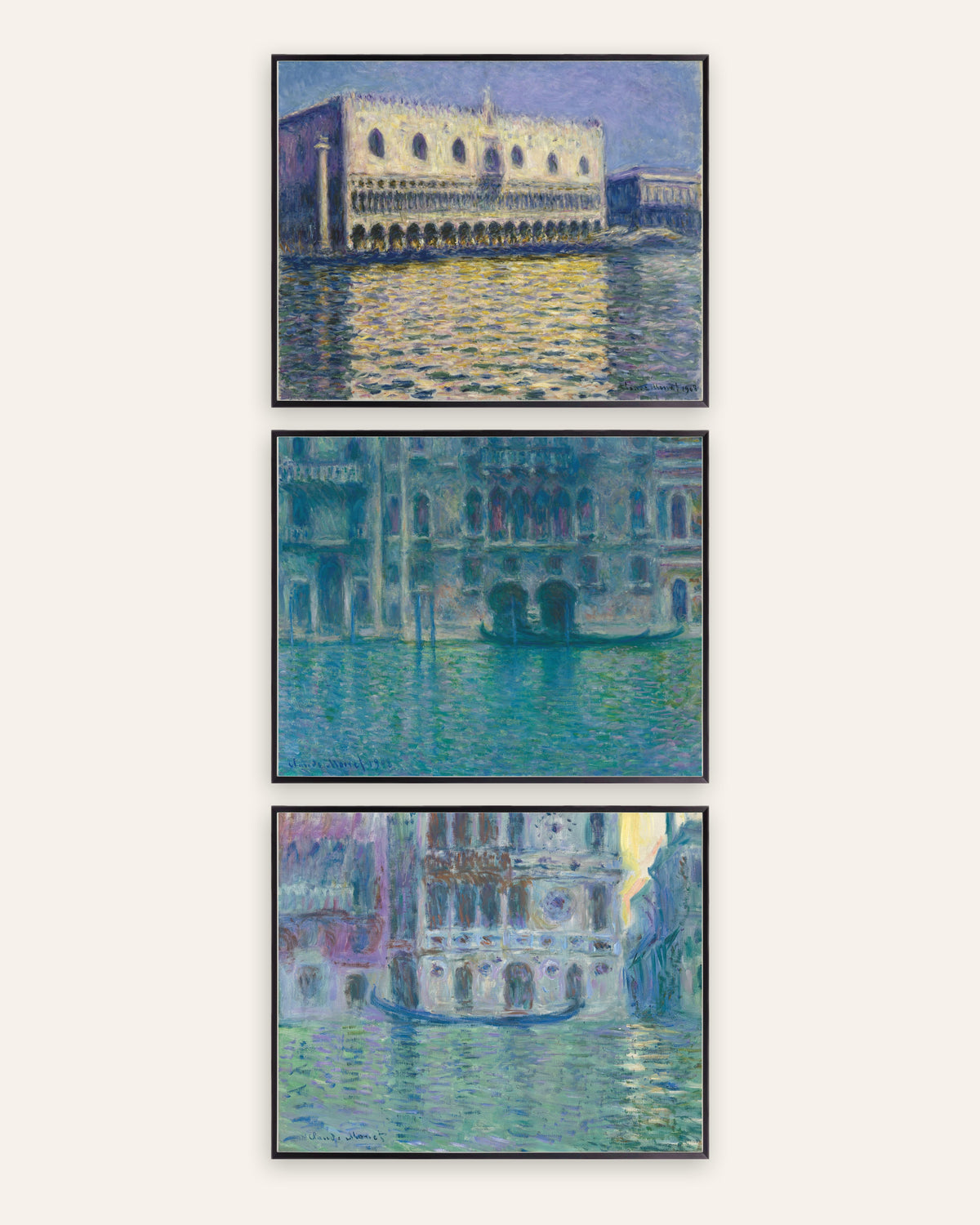 Pósters de Monet, conjunto de 3: Venecia, Palacio Ducal, palacio da Mula y Dario, con marcos de metal negro