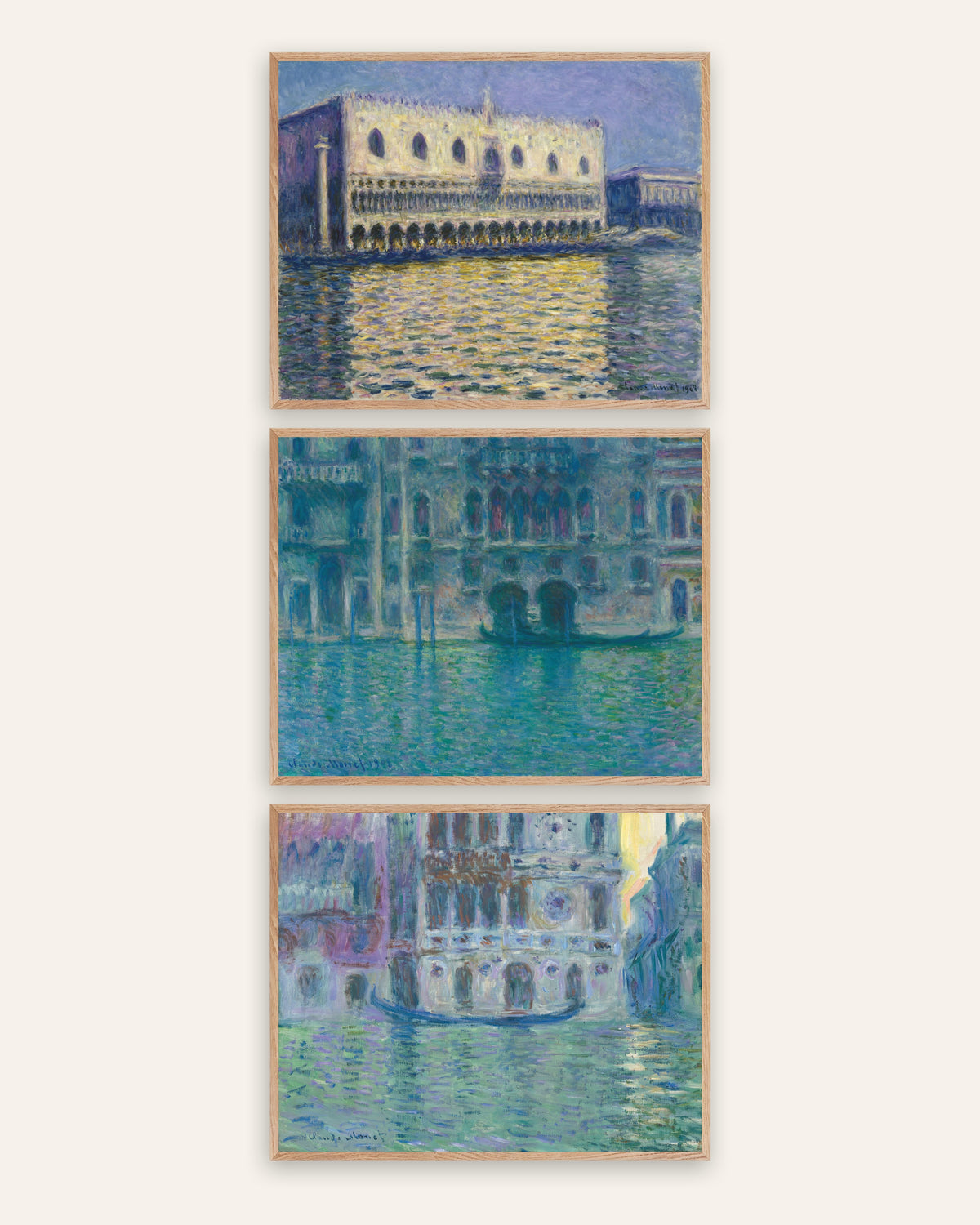 Pósters de Monet, conjunto de 3: Venecia, Palacio Ducal, palacio da Mula y Dario, con marcos de roble natural
