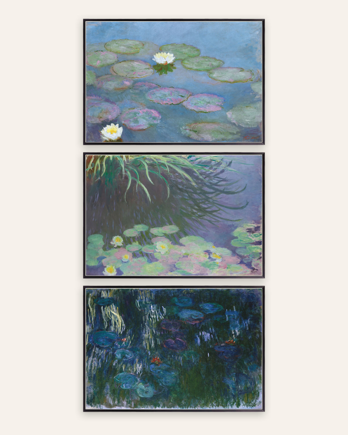 Pósters de Monet, conjunto de 3: Nenúfares, primeros y últimos panoramas, con marcos de metal negro