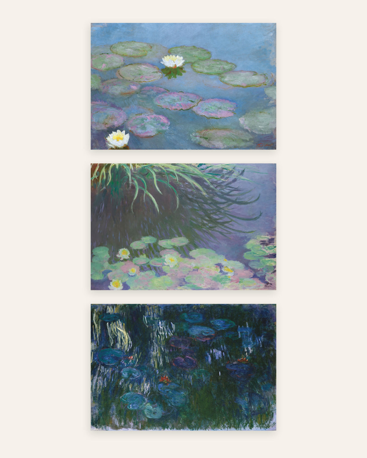 Pósters de Monet, conjunto de 3: Nenúfares, primeros y últimos panoramas, sin marco