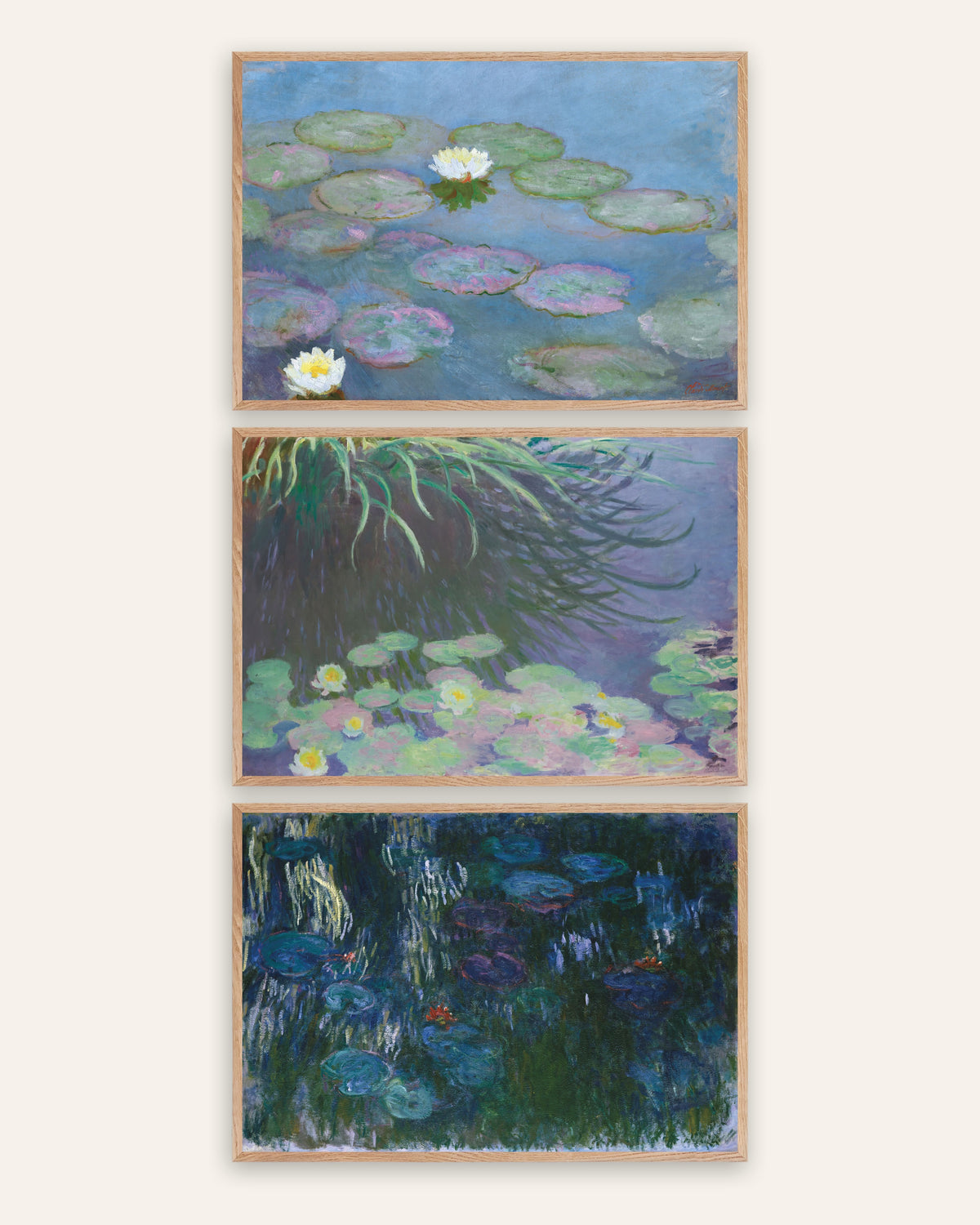 Pósters de Monet, conjunto de 3: Nenúfares, primeros y últimos panoramas, con marcos de roble natural