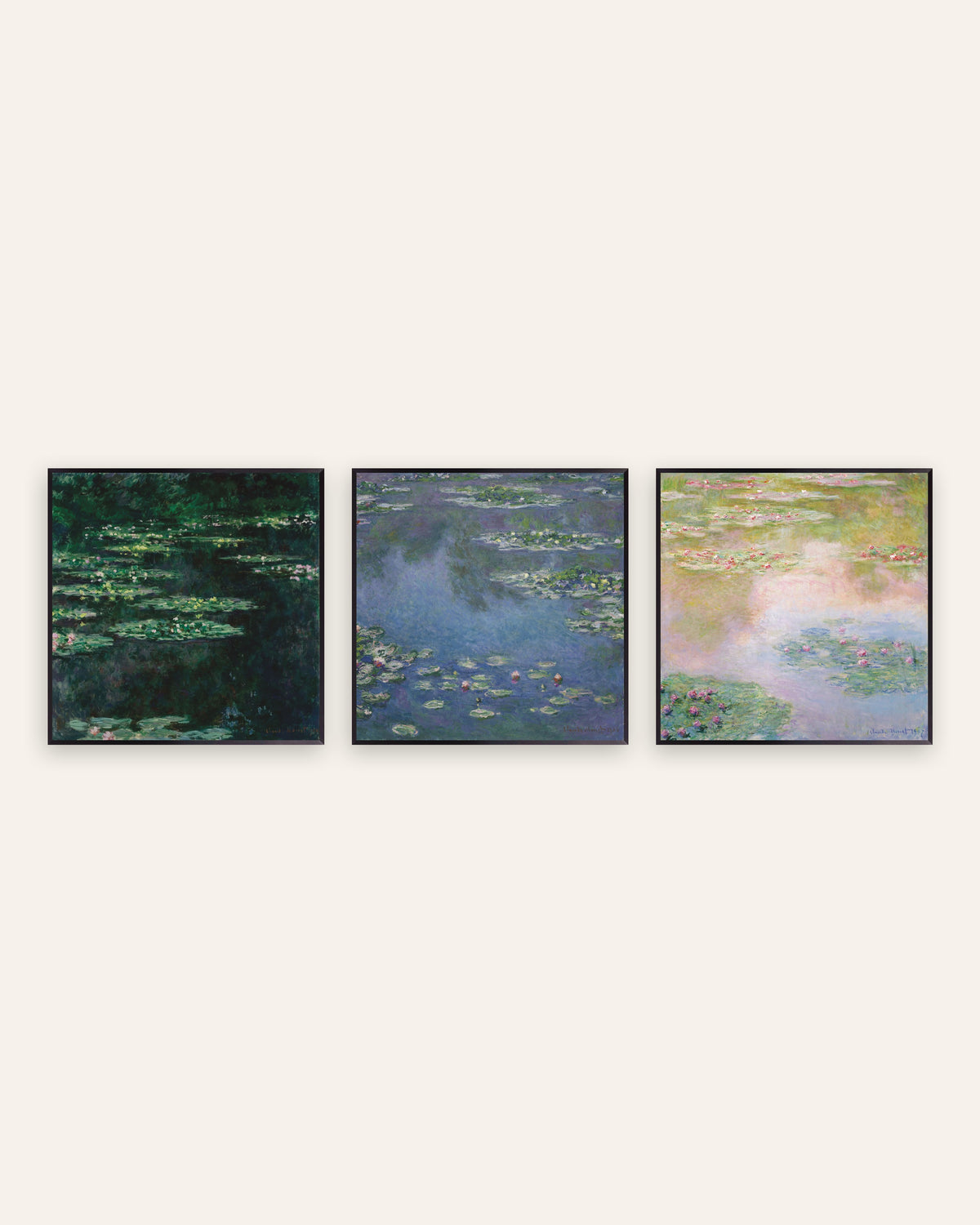 Pósters de Monet, conjunto de 3: Nenúfares, vistas cuadradas del estanque, con marcos de metal negro