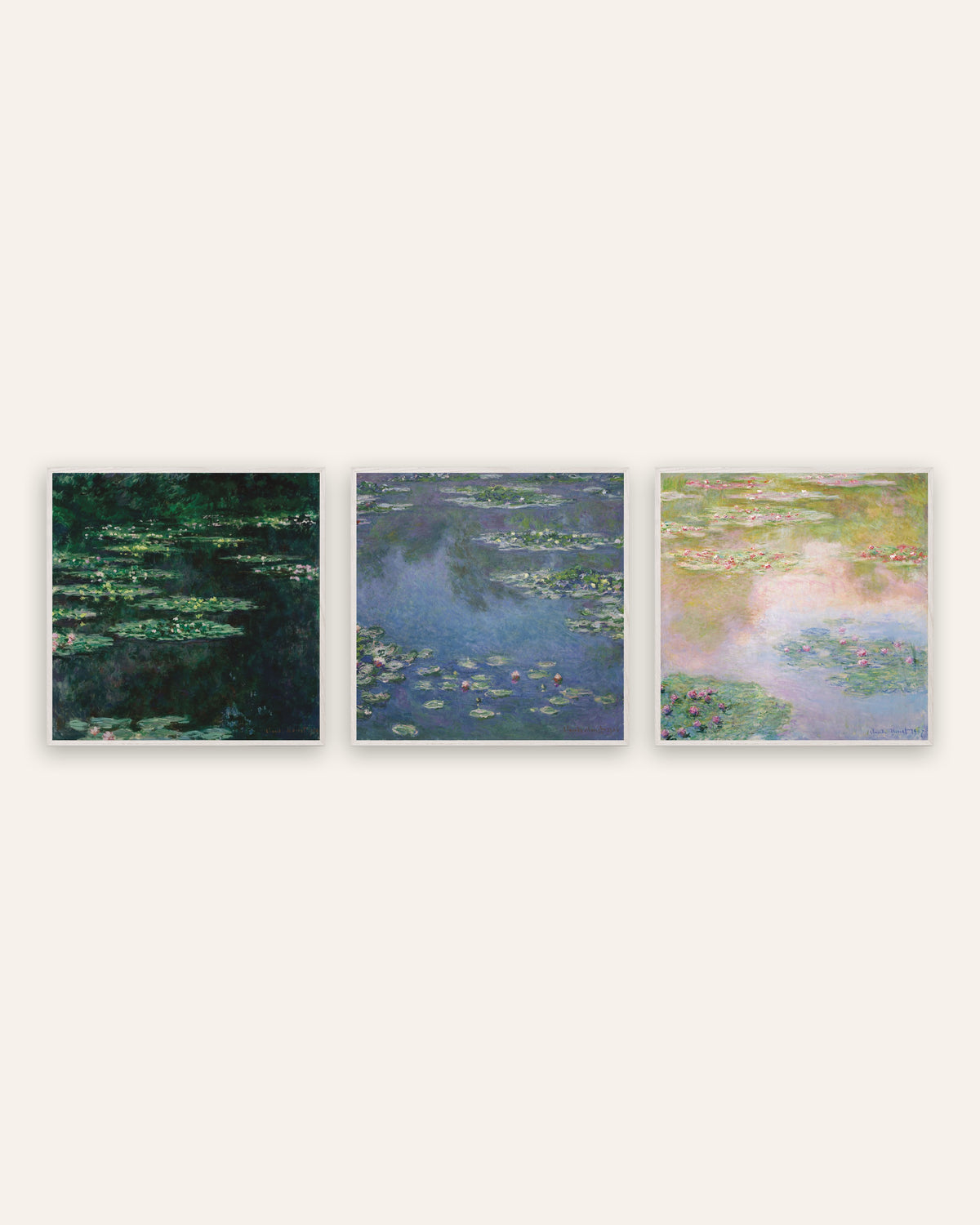 Pósters de Monet, conjunto de 3: Nenúfares, vistas cuadradas del estanque, con marcos de roble blanco