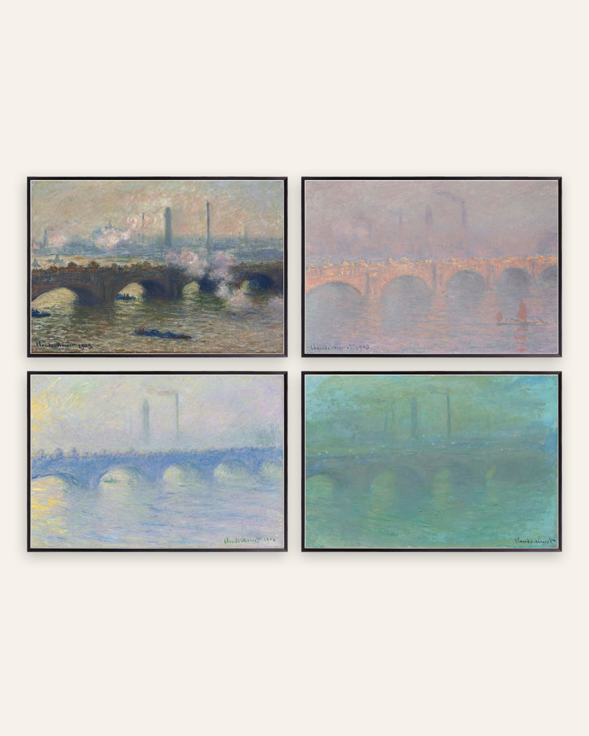 Pósters de Monet, conjunto de 4: puente de Waterloo, gris, sol, bruma y anochecer, con marcos de metal negro