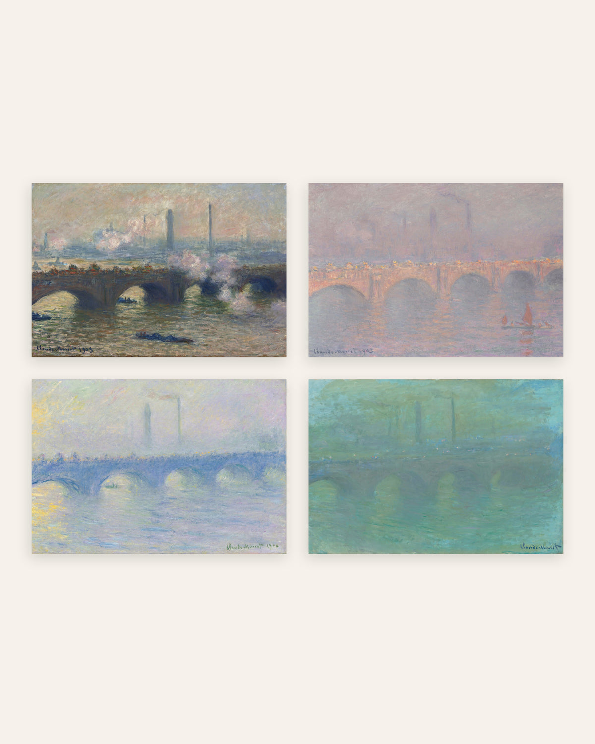 Pósters de Monet, conjunto de 4: puente de Waterloo, gris, sol, bruma y anochecer, sin marco