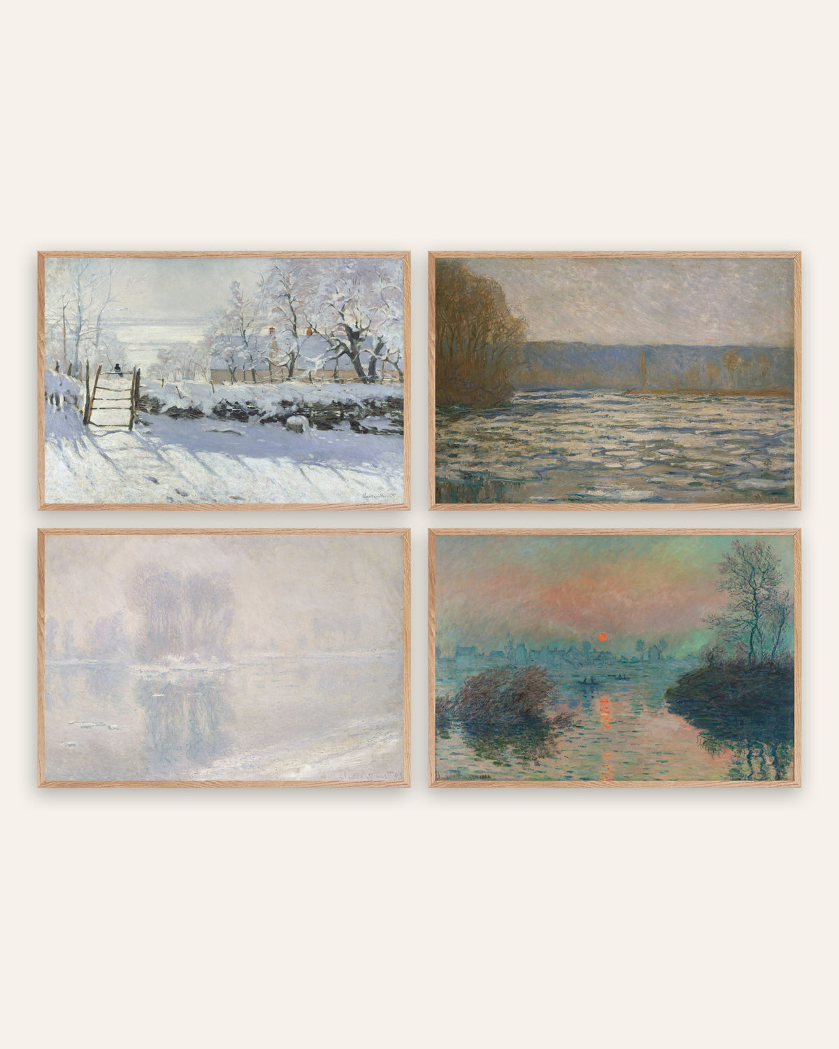 Pósters de Monet, conjunto de 4: invierno, La urraca, hielo y puesta de sol, con marcos de roble natural
