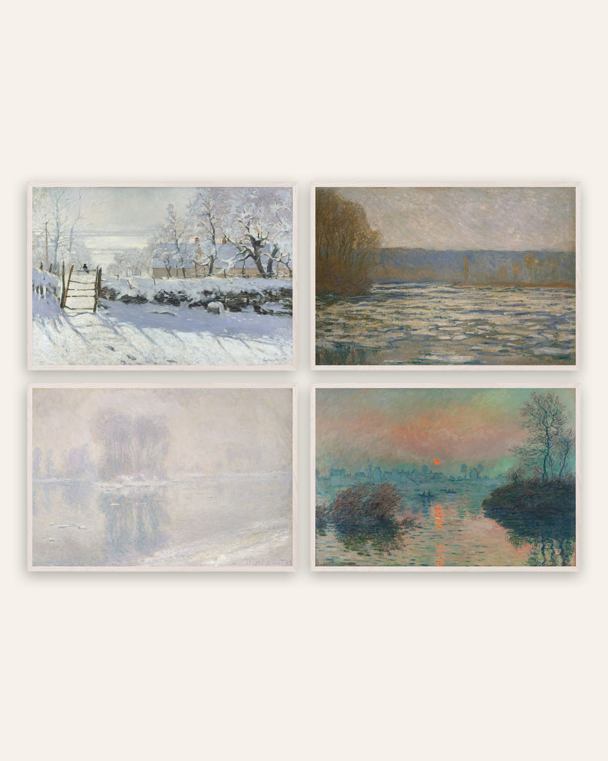 Pósters de Monet, conjunto de 4: invierno, La urraca, hielo y puesta de sol, con marcos de roble blanco