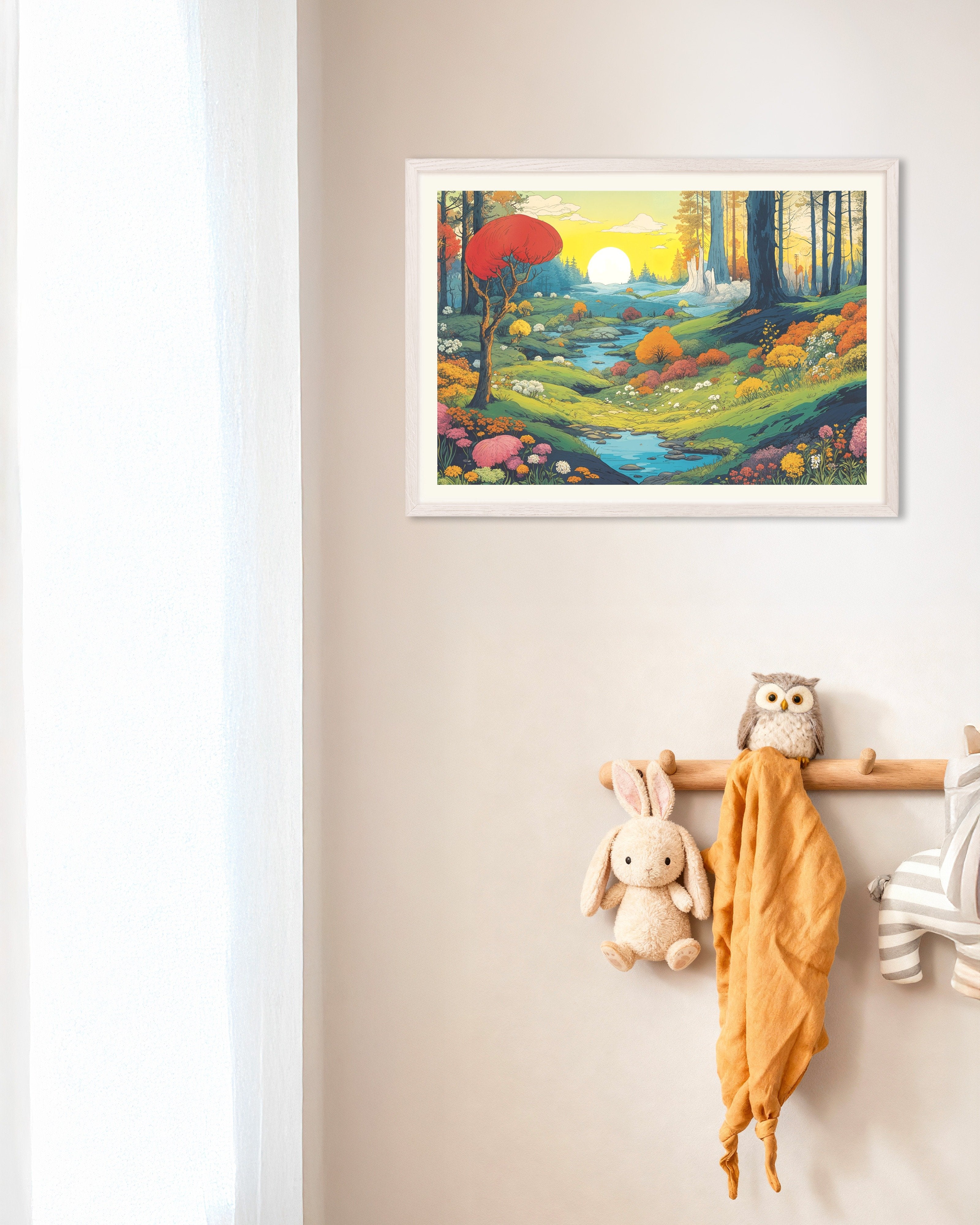 Poster of Moomin inspired sunlit valley poster, with white wooden frame