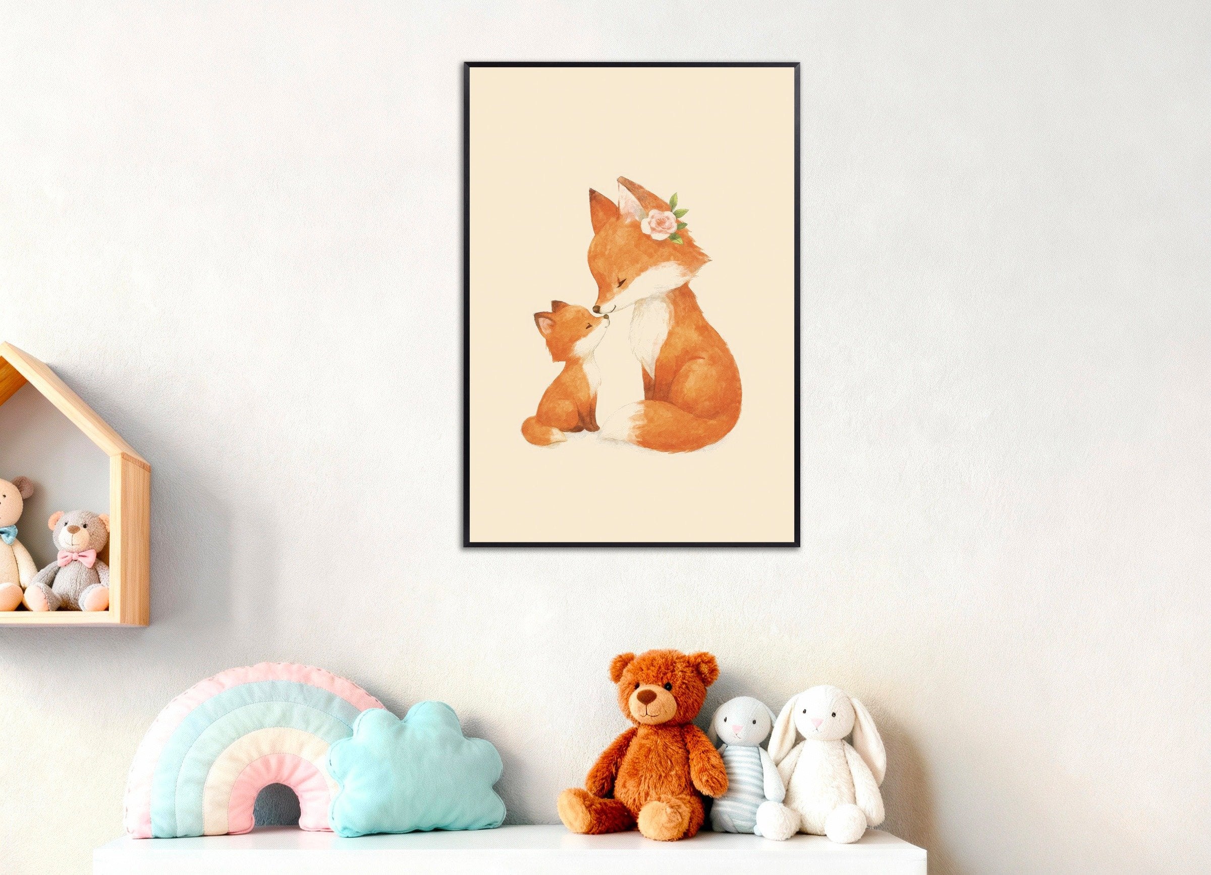 Poster of Mother and baby fox art print, with metal frame