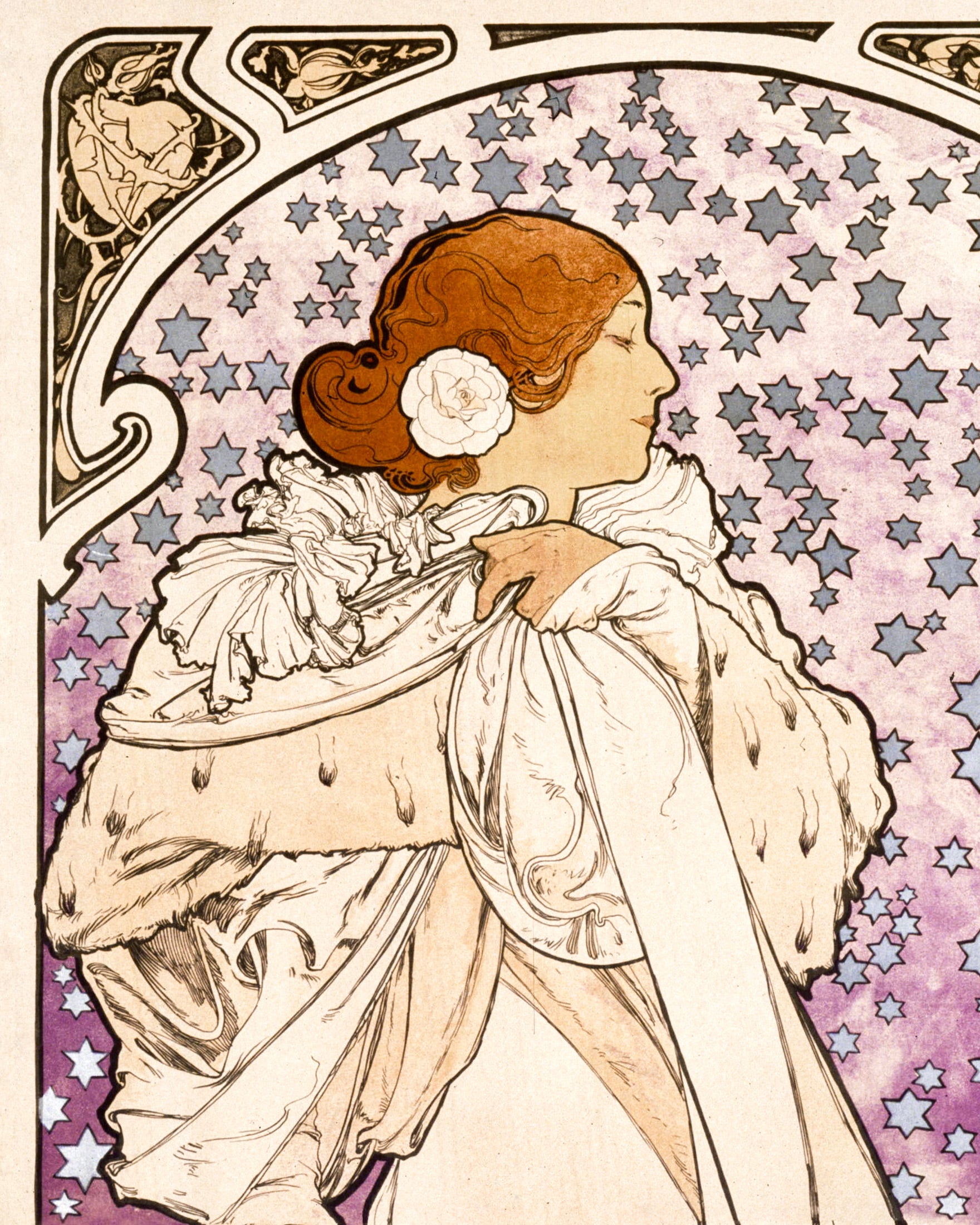 Art Nouveau-style Mucha illustration of a woman with a decorative border and star-patterned background