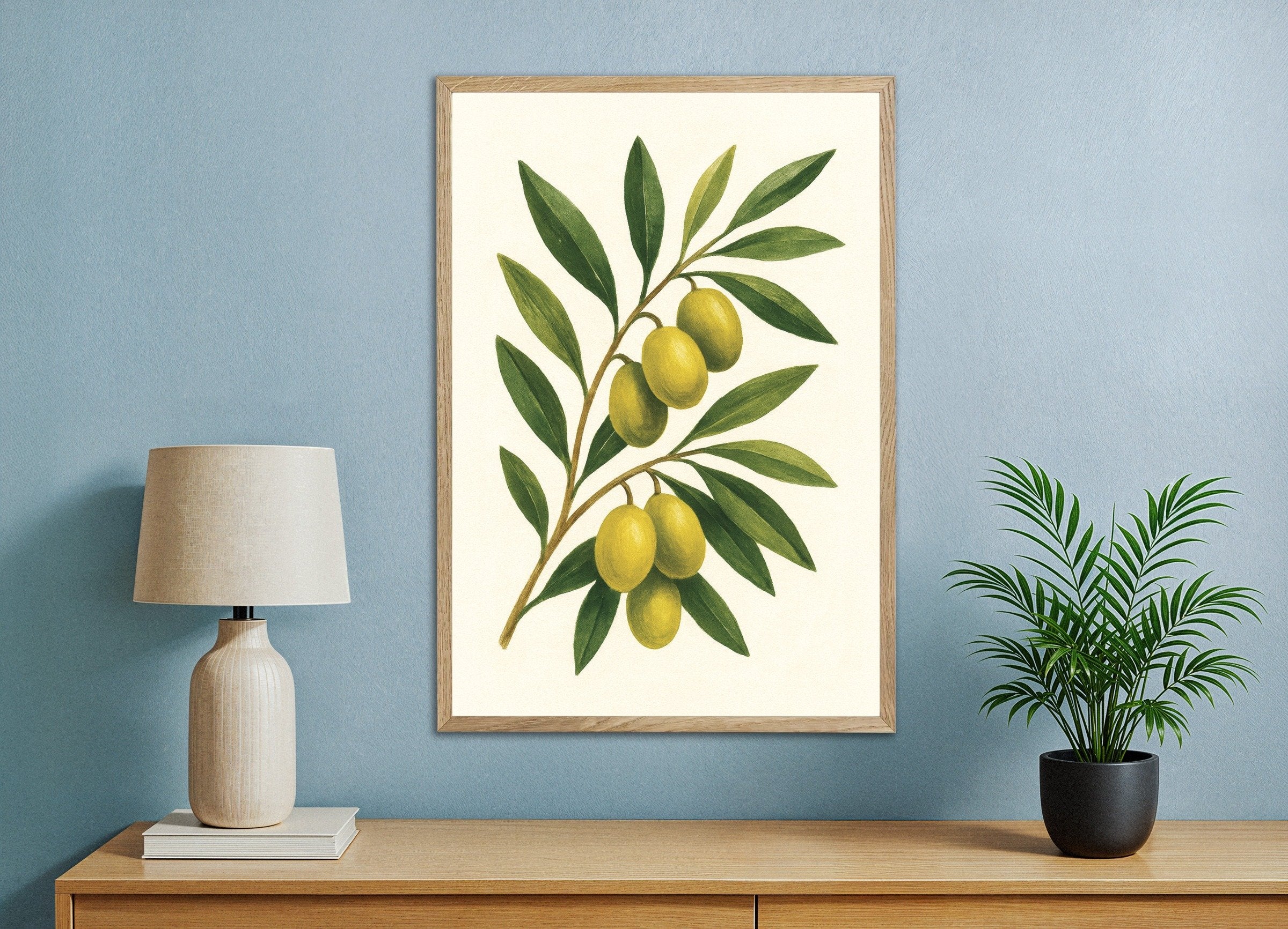 Poster of Olive branch wall art print, with natural wooden frame