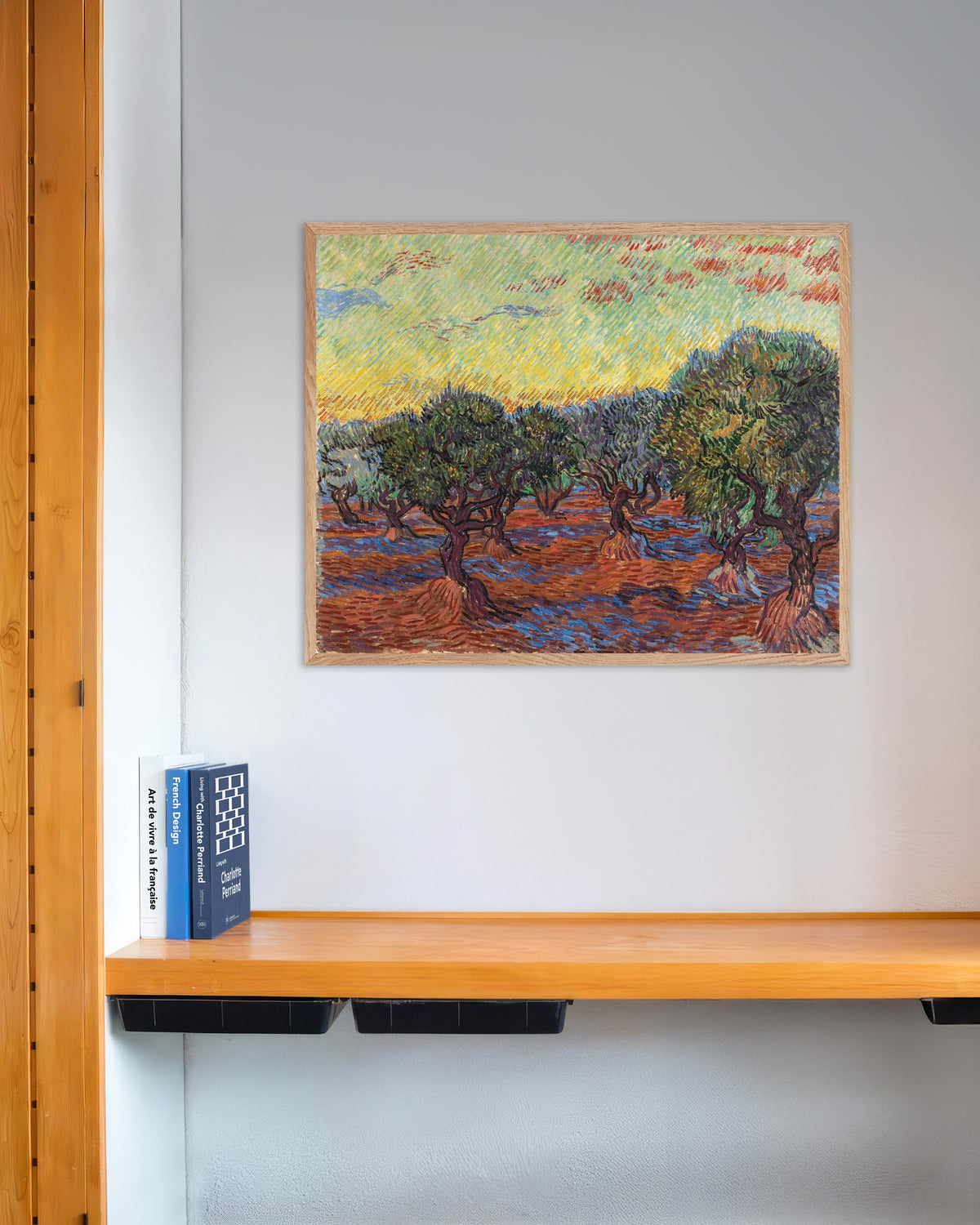 Póster de Olive Grove with Orange Sky (1889), de Vincent van Gogh, con marco de madera natural
