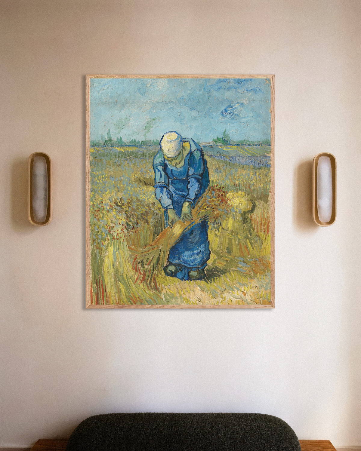 Póster de Mujer campesina atando gavillas, según Millet (1889), de Vincent van Gogh, con marco de madera natural