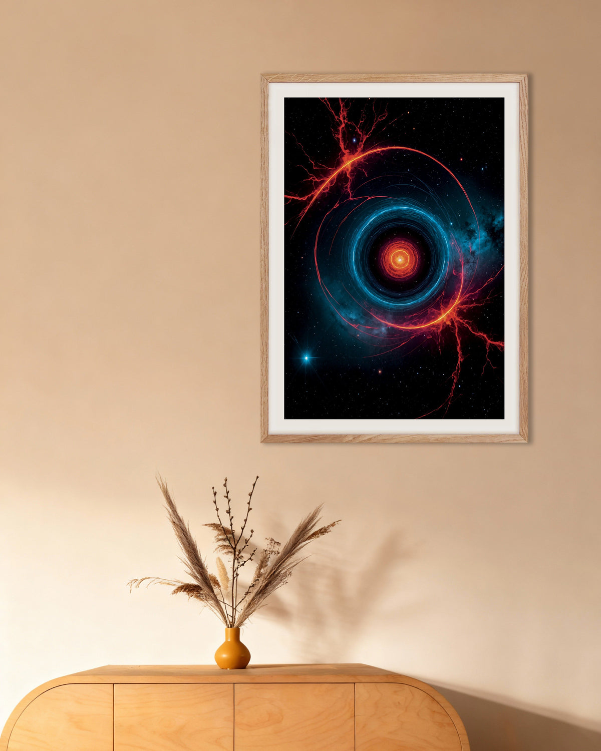 Póster de Neón luminiscente de Photolab, fenómeno espacial, con marco de madera natural