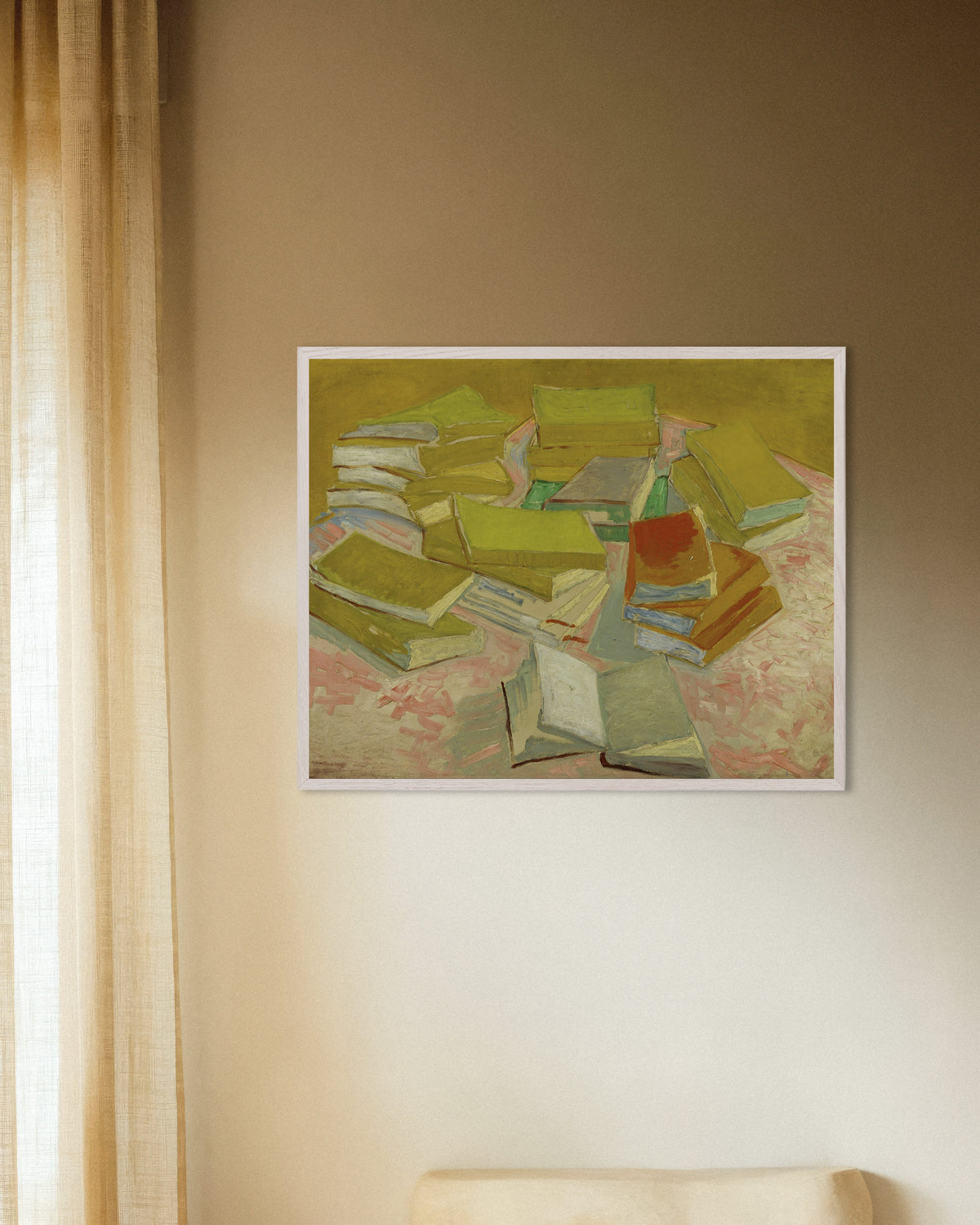 Póster de Pila de novelas francesas (1887), de Vincent van Gogh, con marco de madera blanco