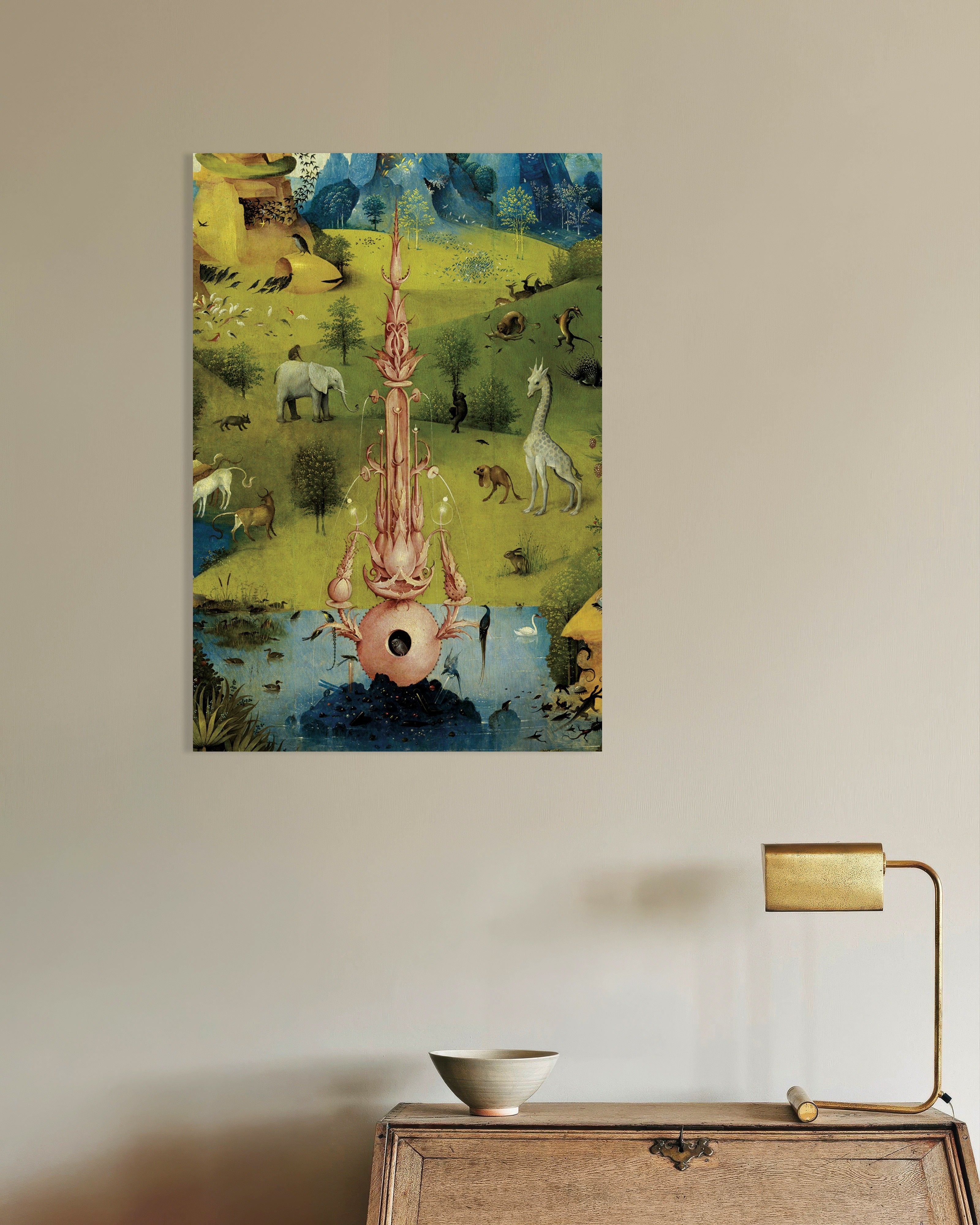 Poster of Pink fountain and animals - Detail from The Garden of Earthly Delights