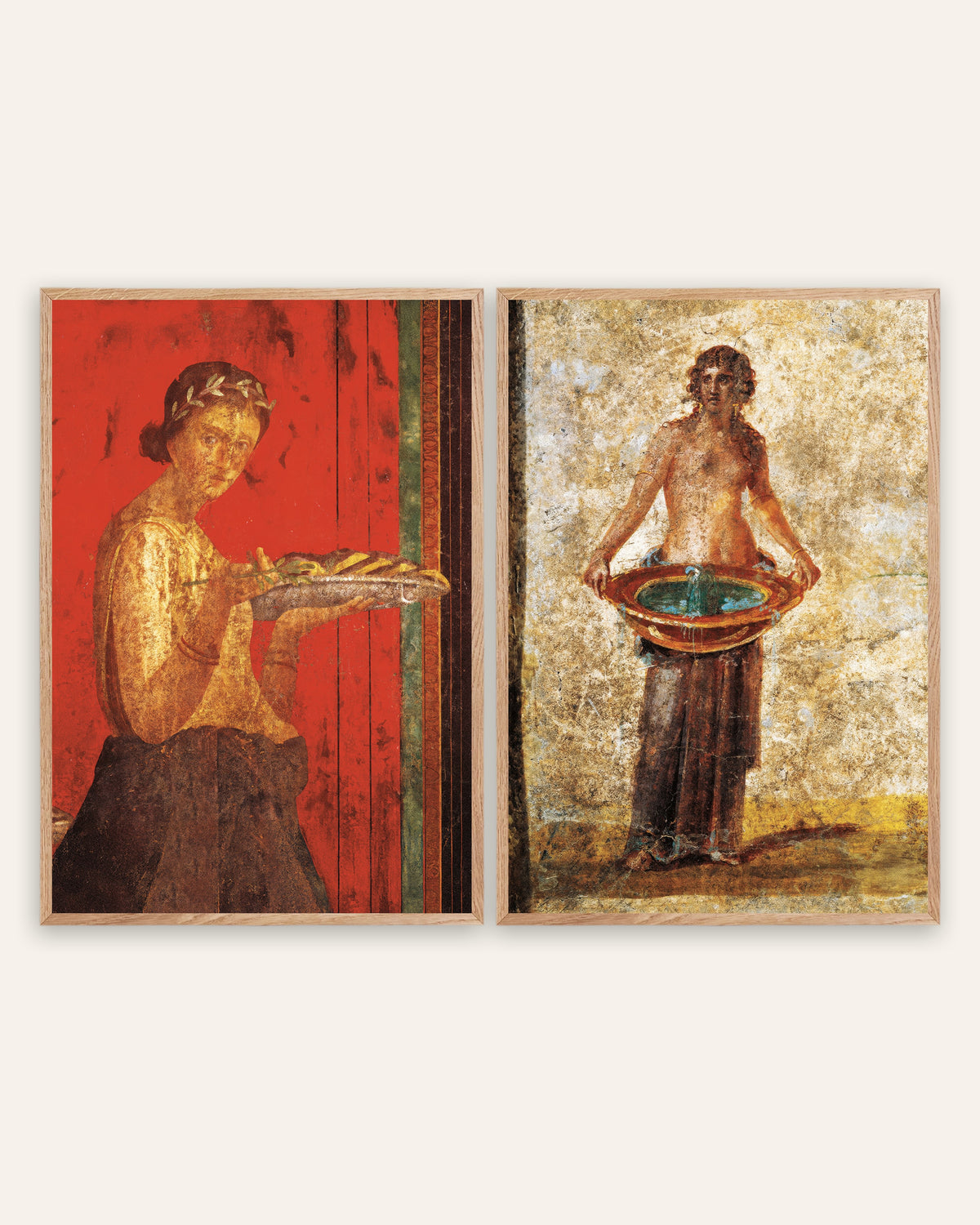 Pósters de frescos de Pompeya, conjunto de 2: corona de laurel y palangana, con marcos de roble natural