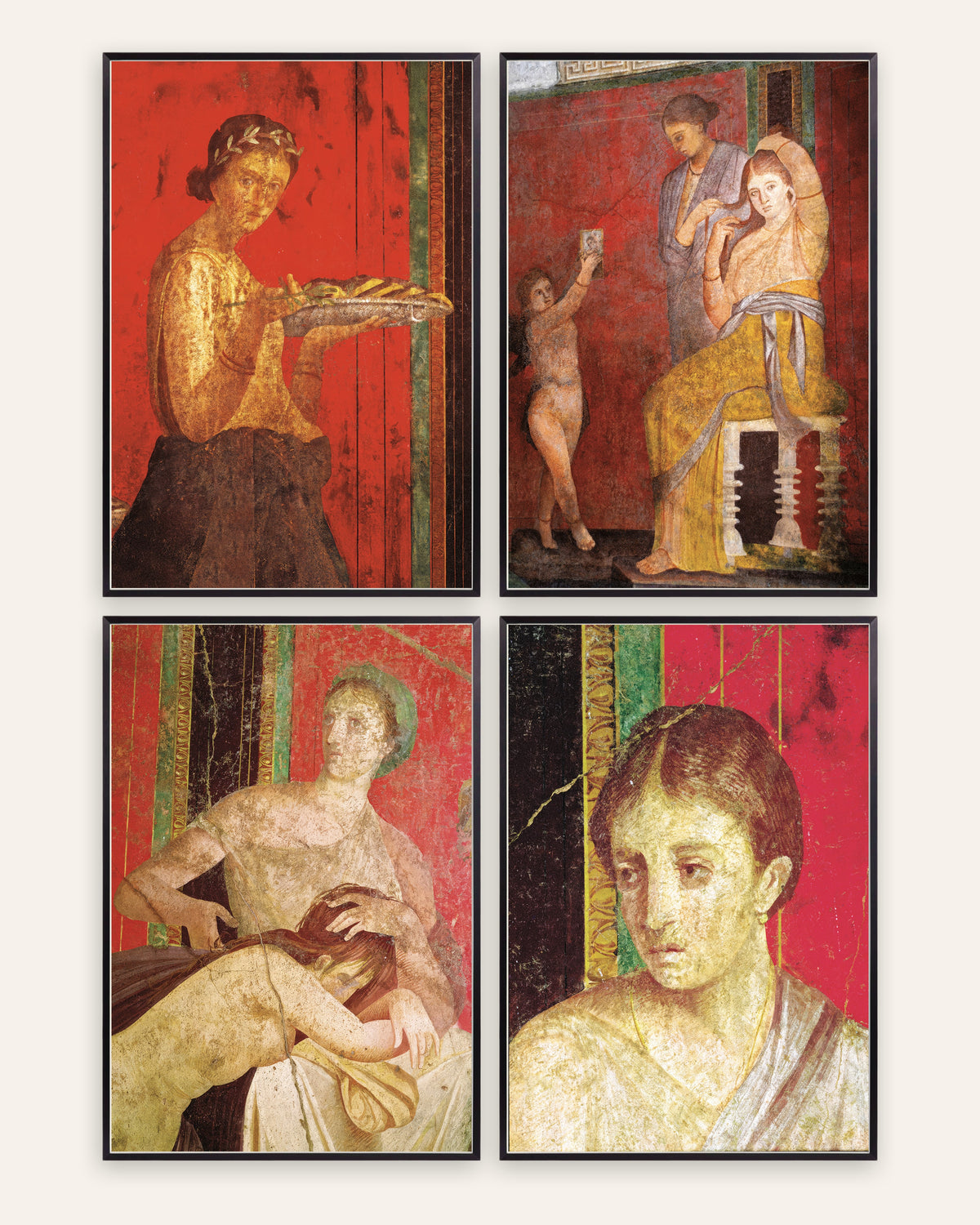 Pósters de frescos de Pompeya, conjunto de 4: Villa de los Misterios, con marcos de metal negro