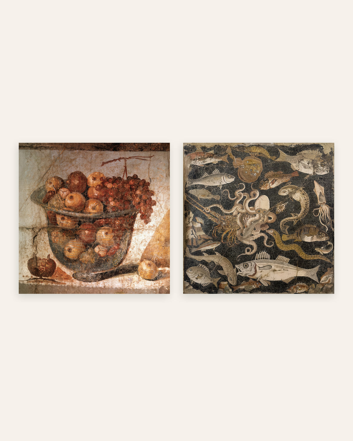 Pósters de cocina de Pompeya, conjunto de 2: frutero y mosaico de peces, sin marco