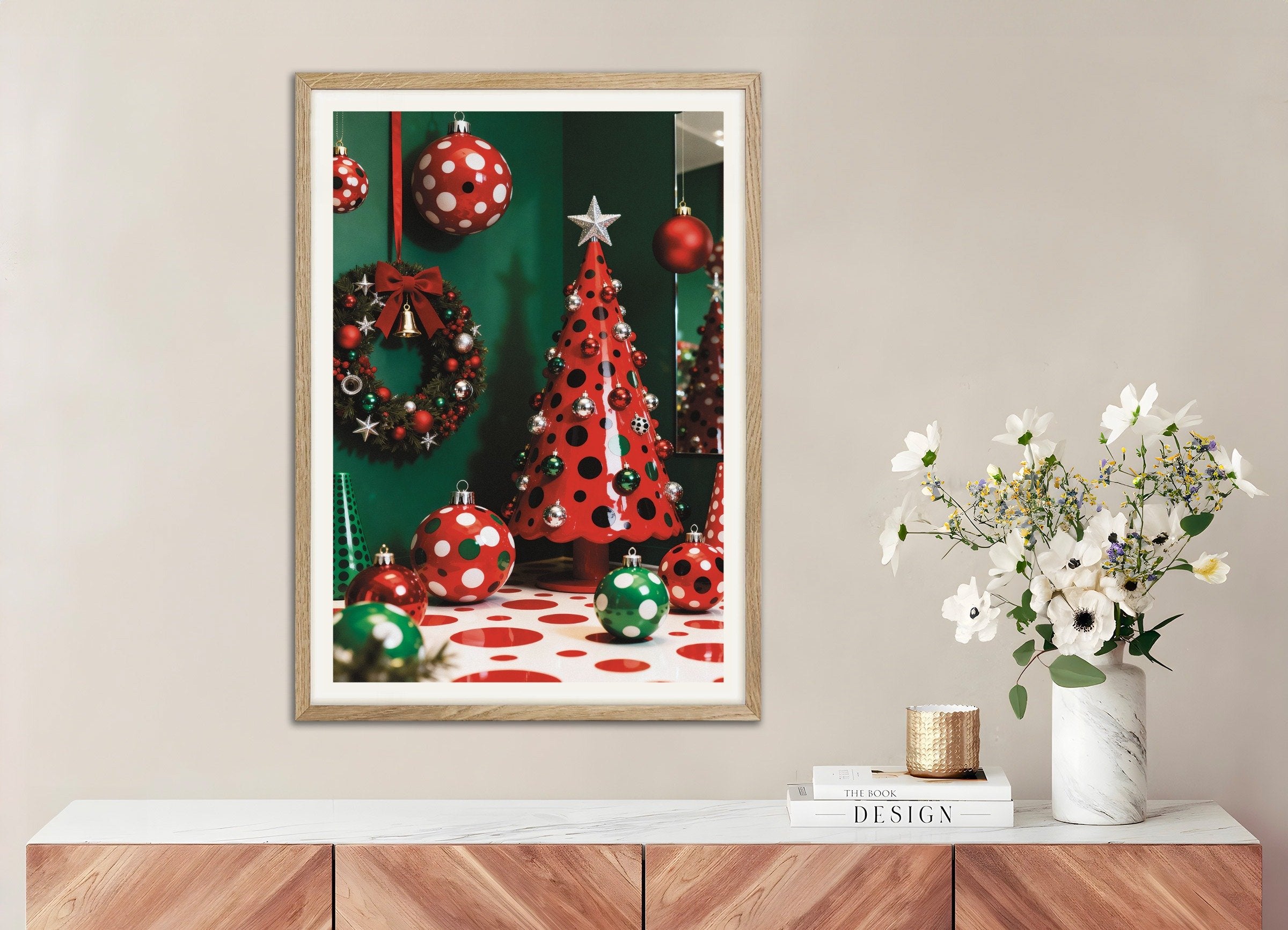 Poster of Red and green Christmas decor poster, with natural wooden frame