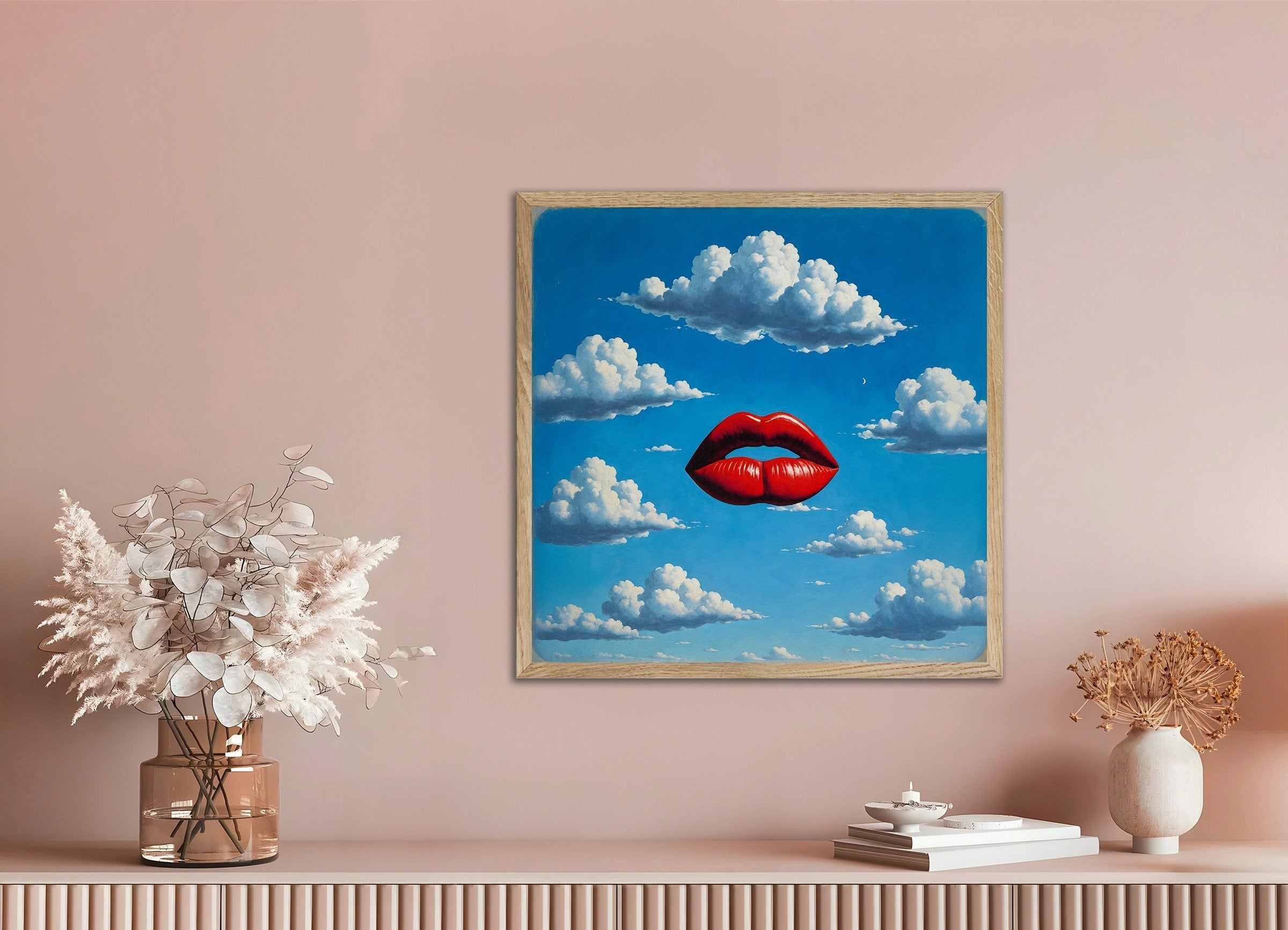Poster of Red Lips Poster – Dreamlike Surrealism Art, with natural wooden frame