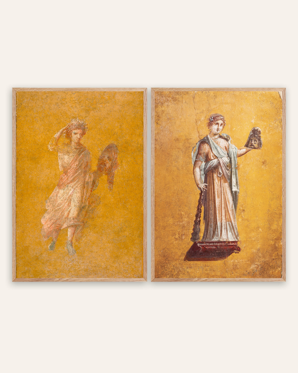 Pósters de frescos romanos, conjunto de 2: Melpómene, musa de la tragedia, con marcos de roble natural